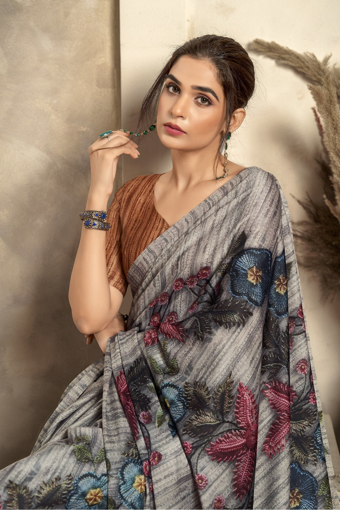 Anchor Grey Printed Satin Silk Saree