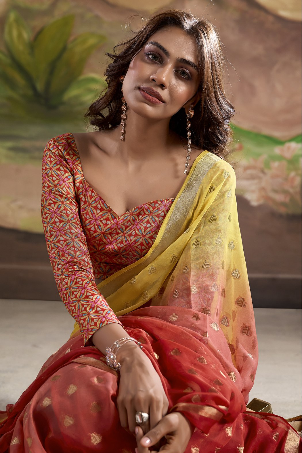 El Salva Brown and Yellow Banarasi Georgette Saree