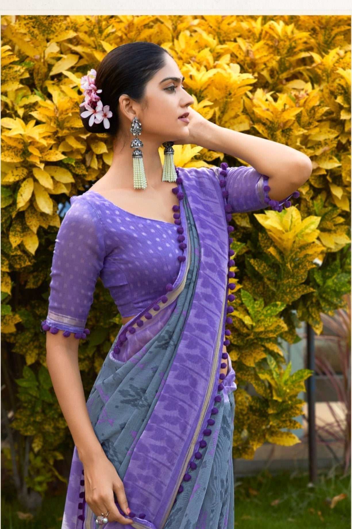 Spindle Grey and Purple Mul Mul Cotton Saree