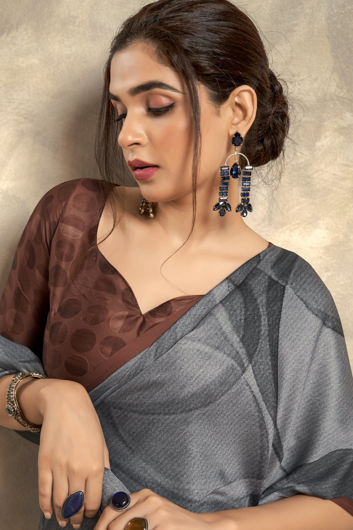 Fossil Grey Printed Satin Silk Saree