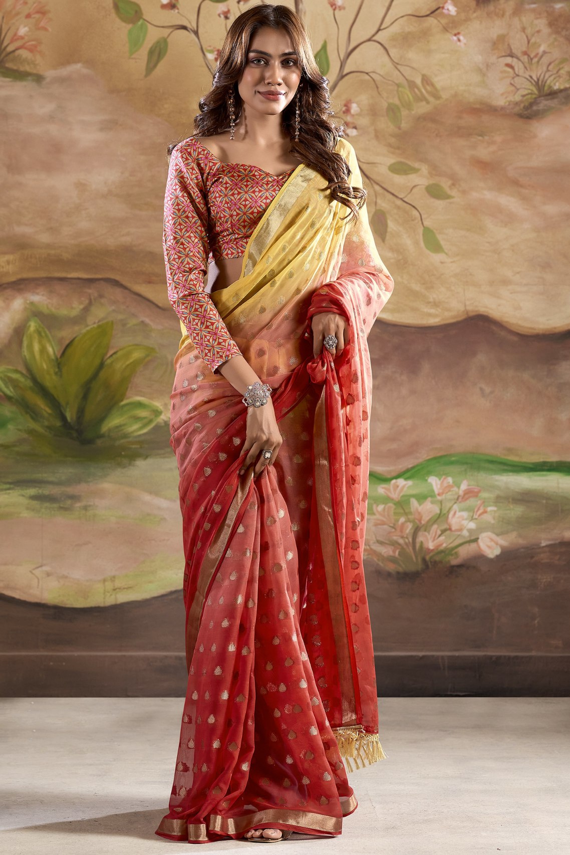 El Salva Brown and Yellow Banarasi Georgette Saree