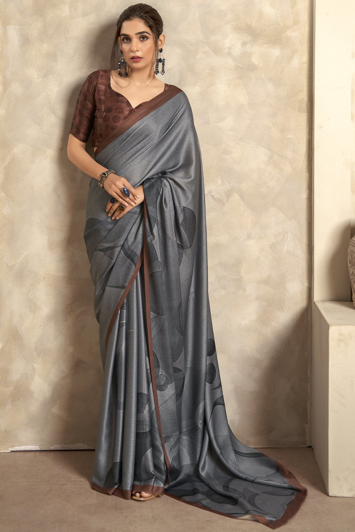 Fossil Grey Printed Satin Silk Saree