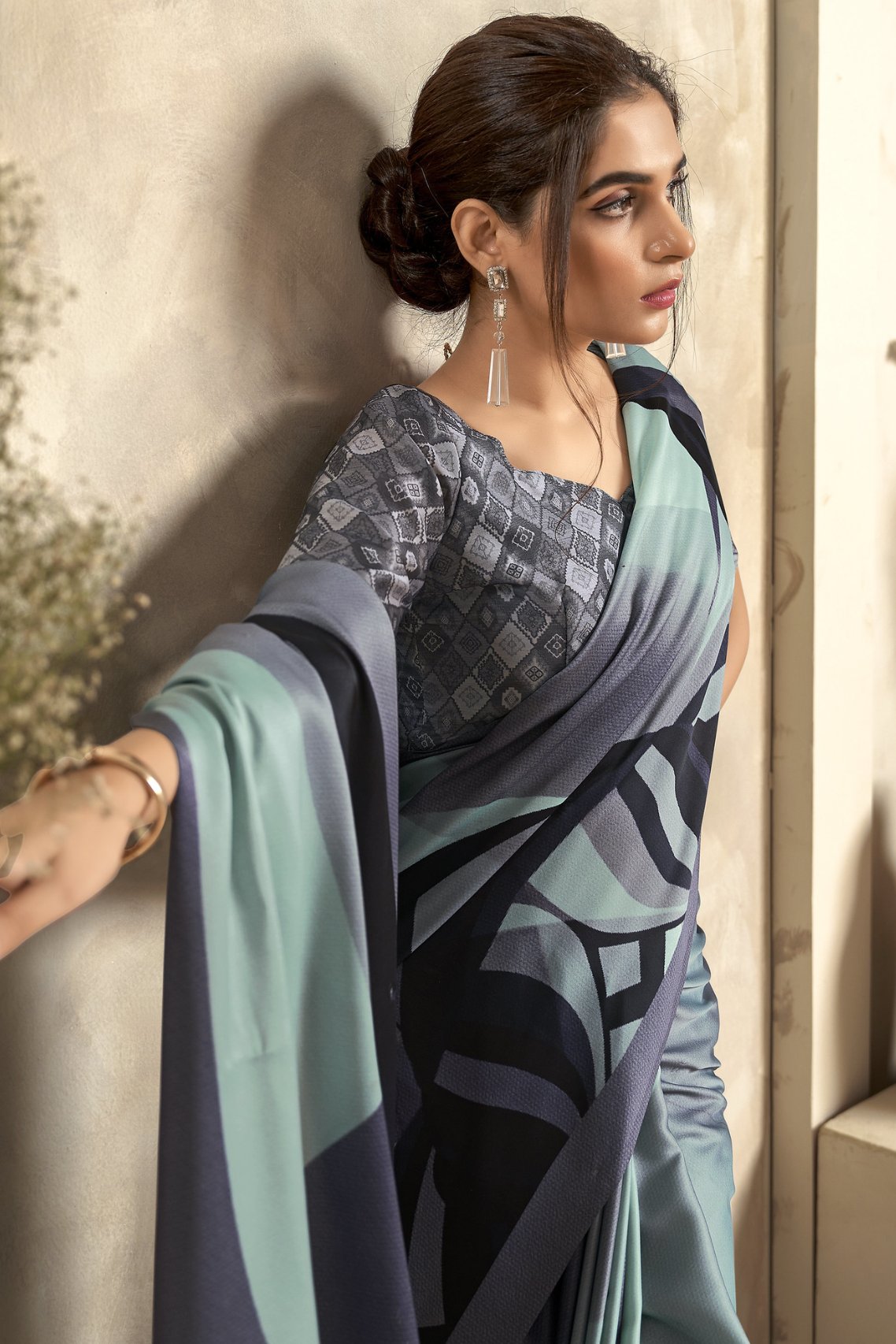 Edward Blue Printed Satin Silk Saree