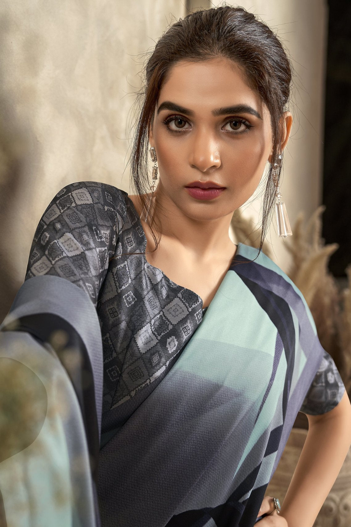 Edward Blue Printed Satin Silk Saree