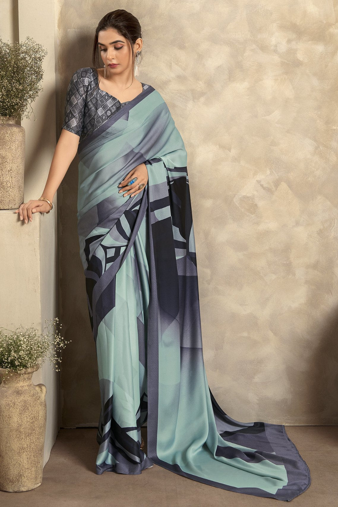 Edward Blue Printed Satin Silk Saree