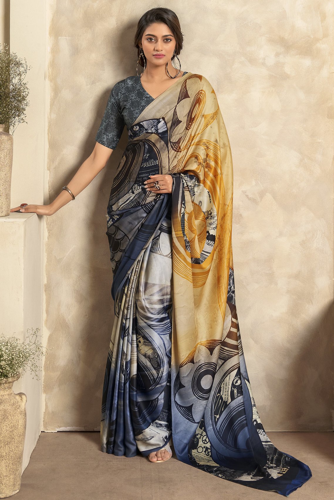 Putty Yellow and Black Printed Satin Silk Saree