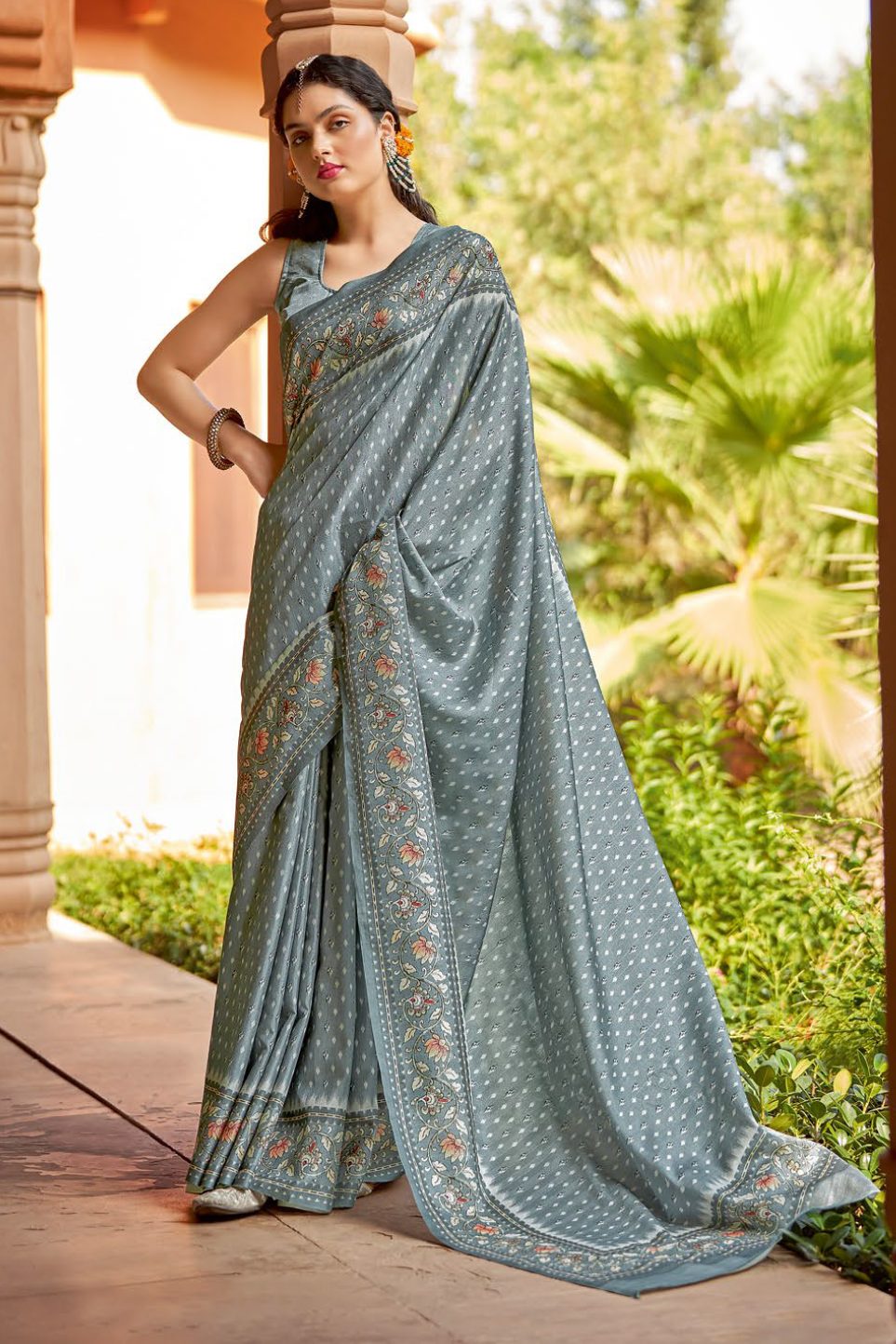 Granny Smith Blue Designer Printed Silk Saree