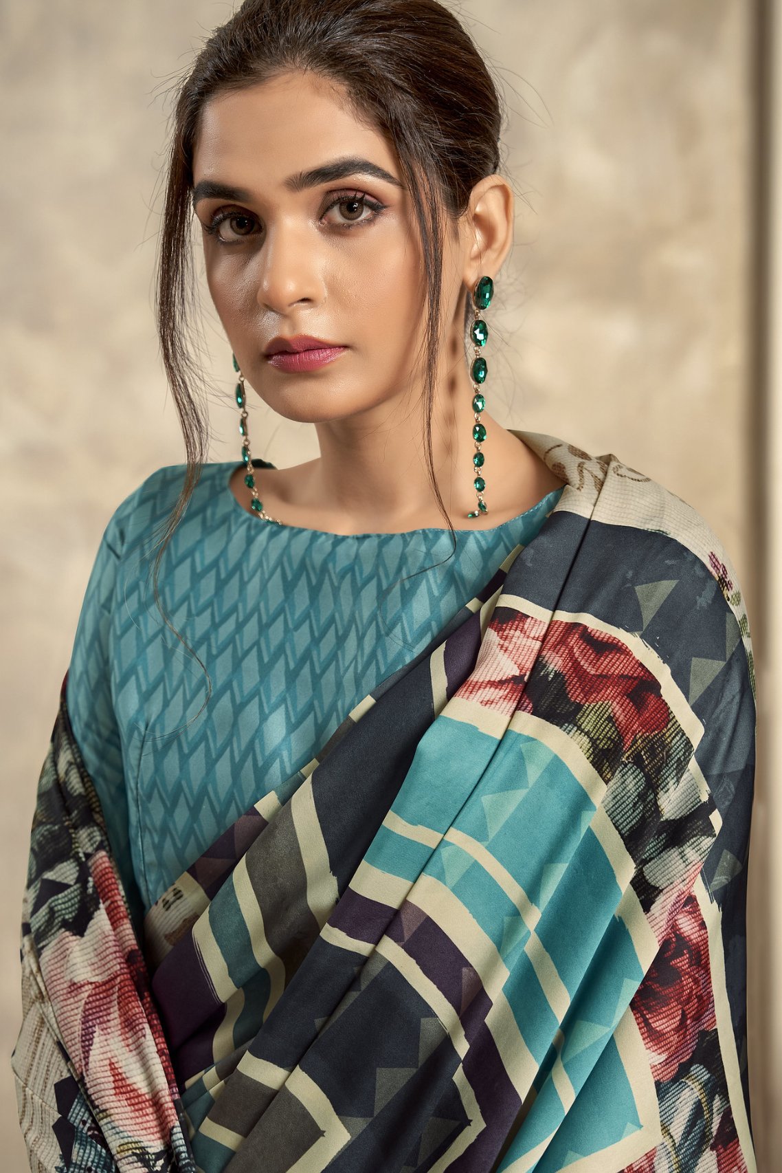 Multicolor and Smalt Blue Printed Satin Silk Saree