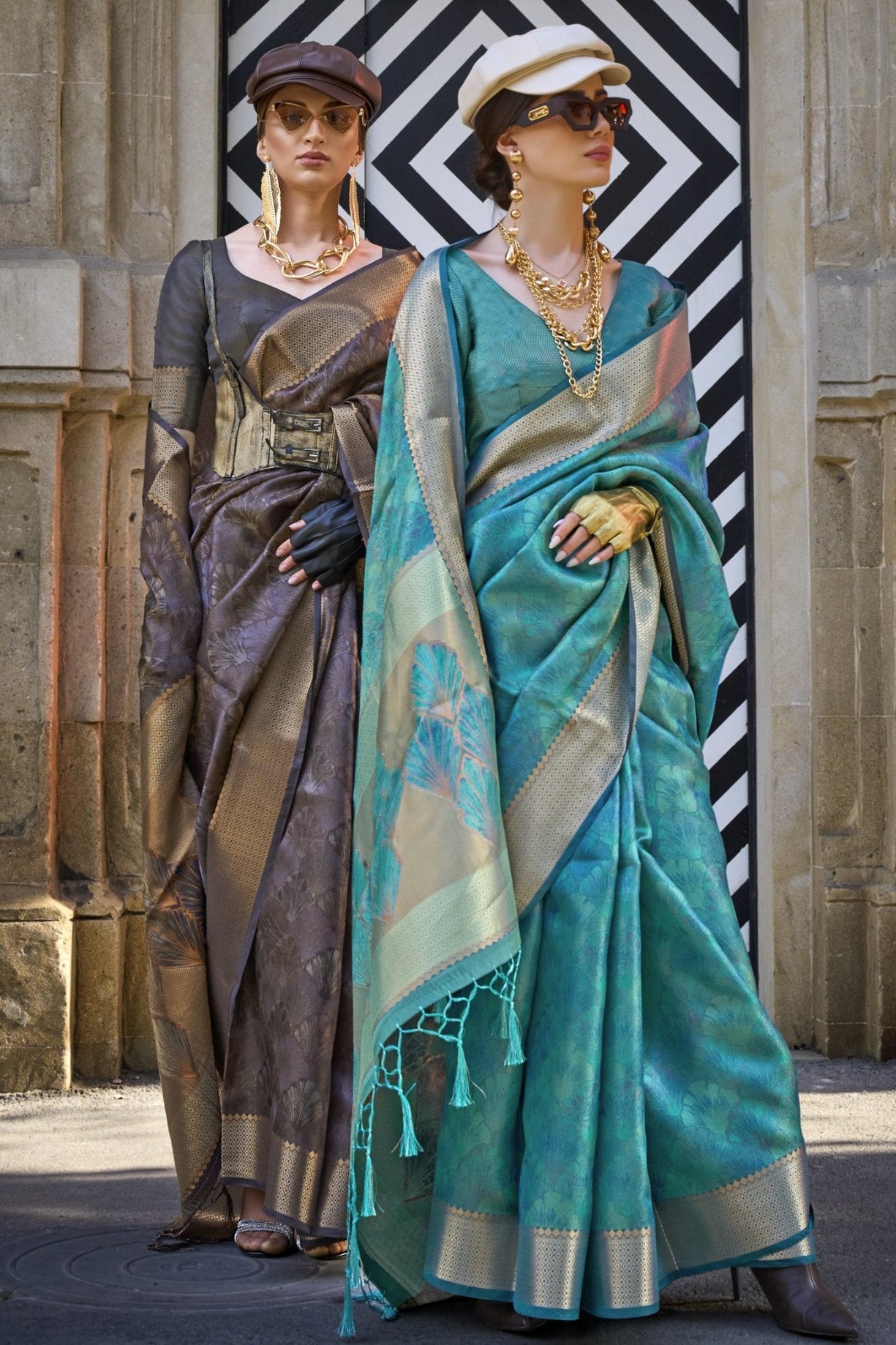 Hurricane Grey and Brown Handloom Organza Saree