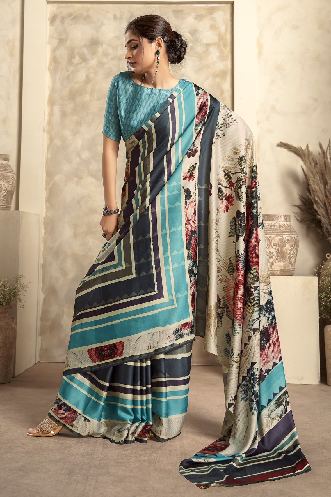 Multicolor and Smalt Blue Printed Satin Silk Saree