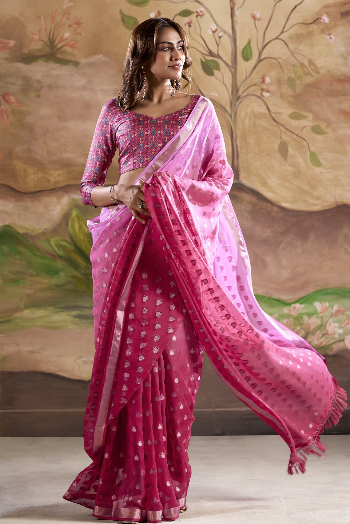 Night Shadz Pink Banarasi Georgette Saree