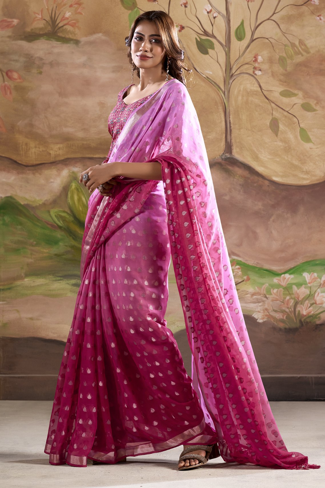 Night Shadz Pink Banarasi Georgette Saree