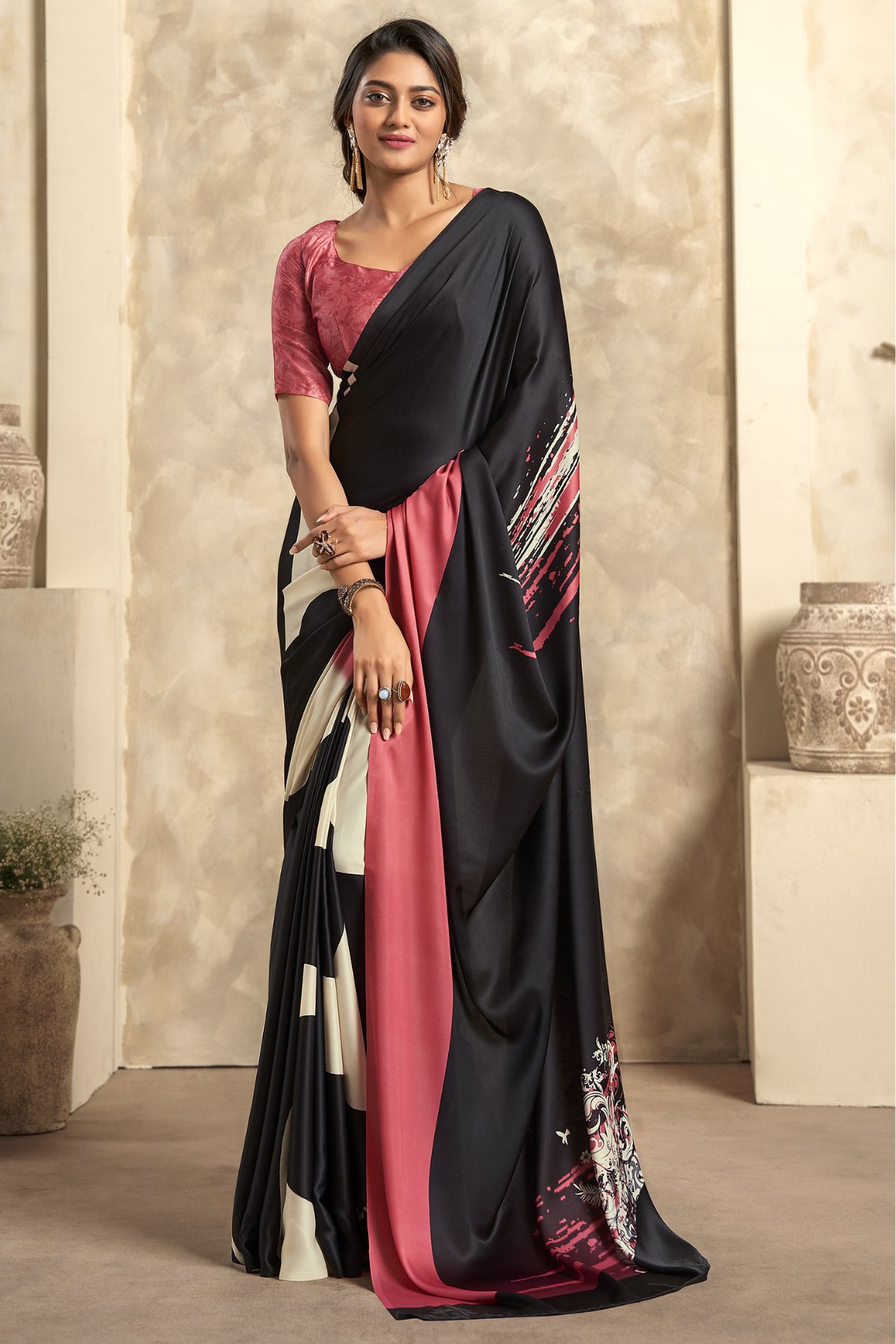 Emperor Black Printed Satin Silk Saree