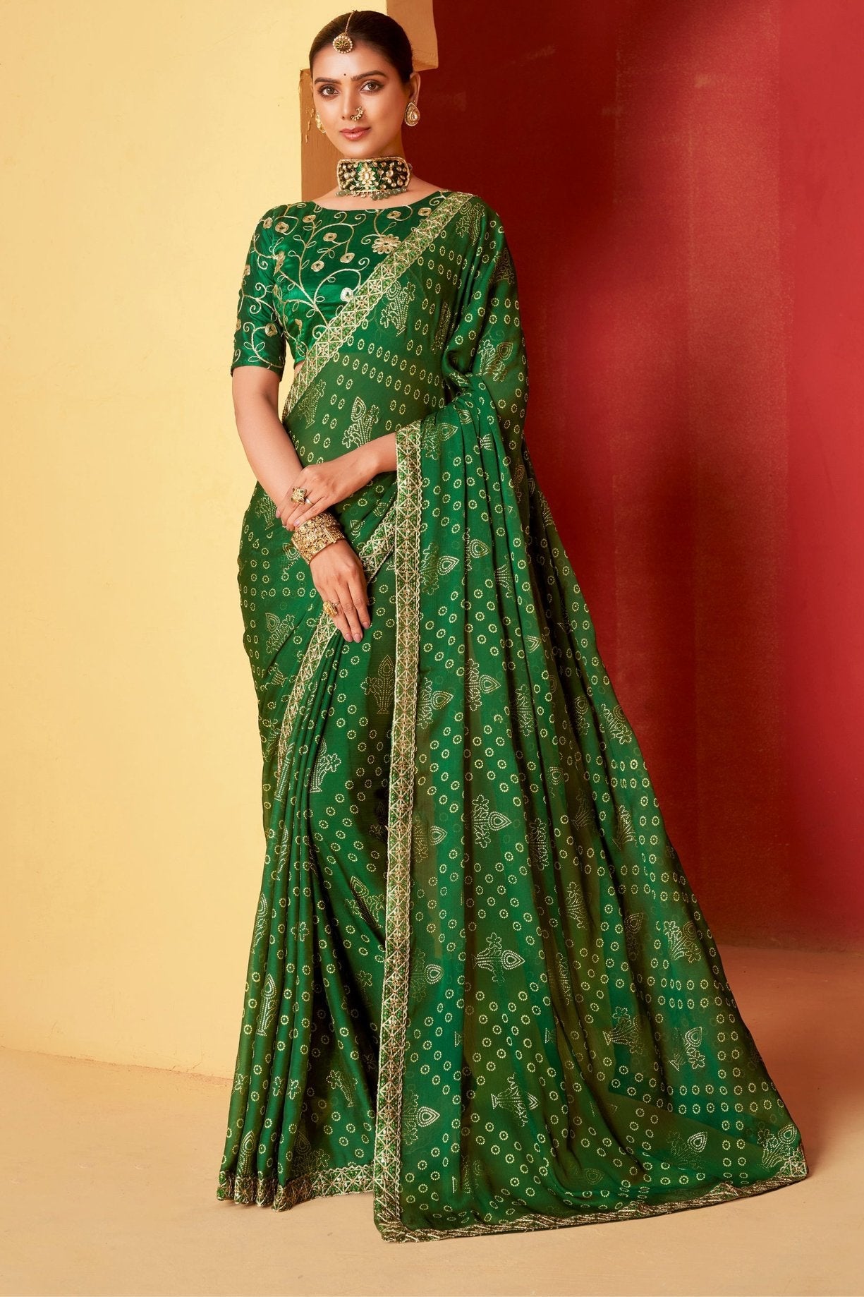 Dark Tree Green Chiffon Bandhani Embroidery Saree