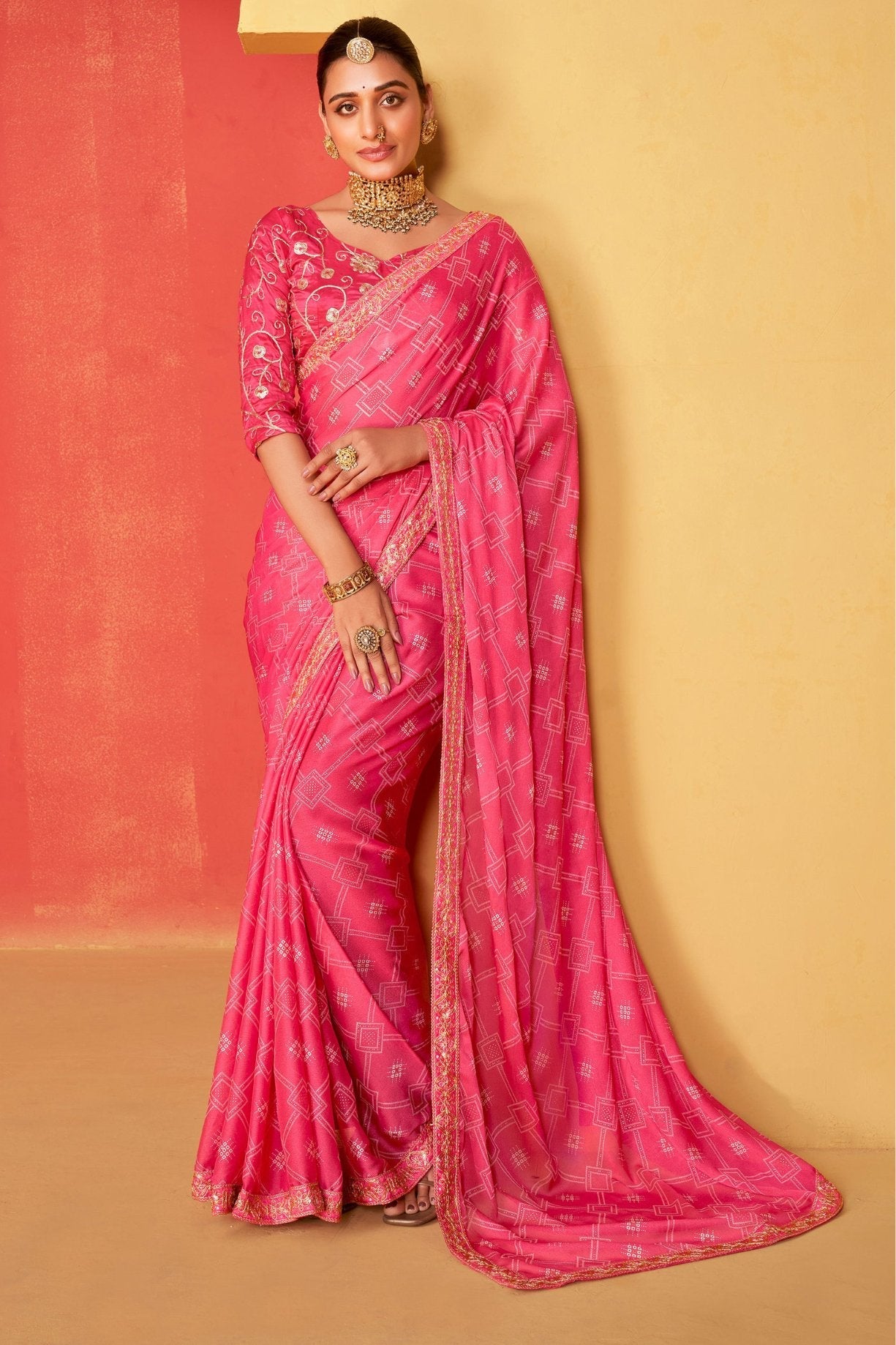 Petite Pink Chiffon Bandhani Embroidery Saree