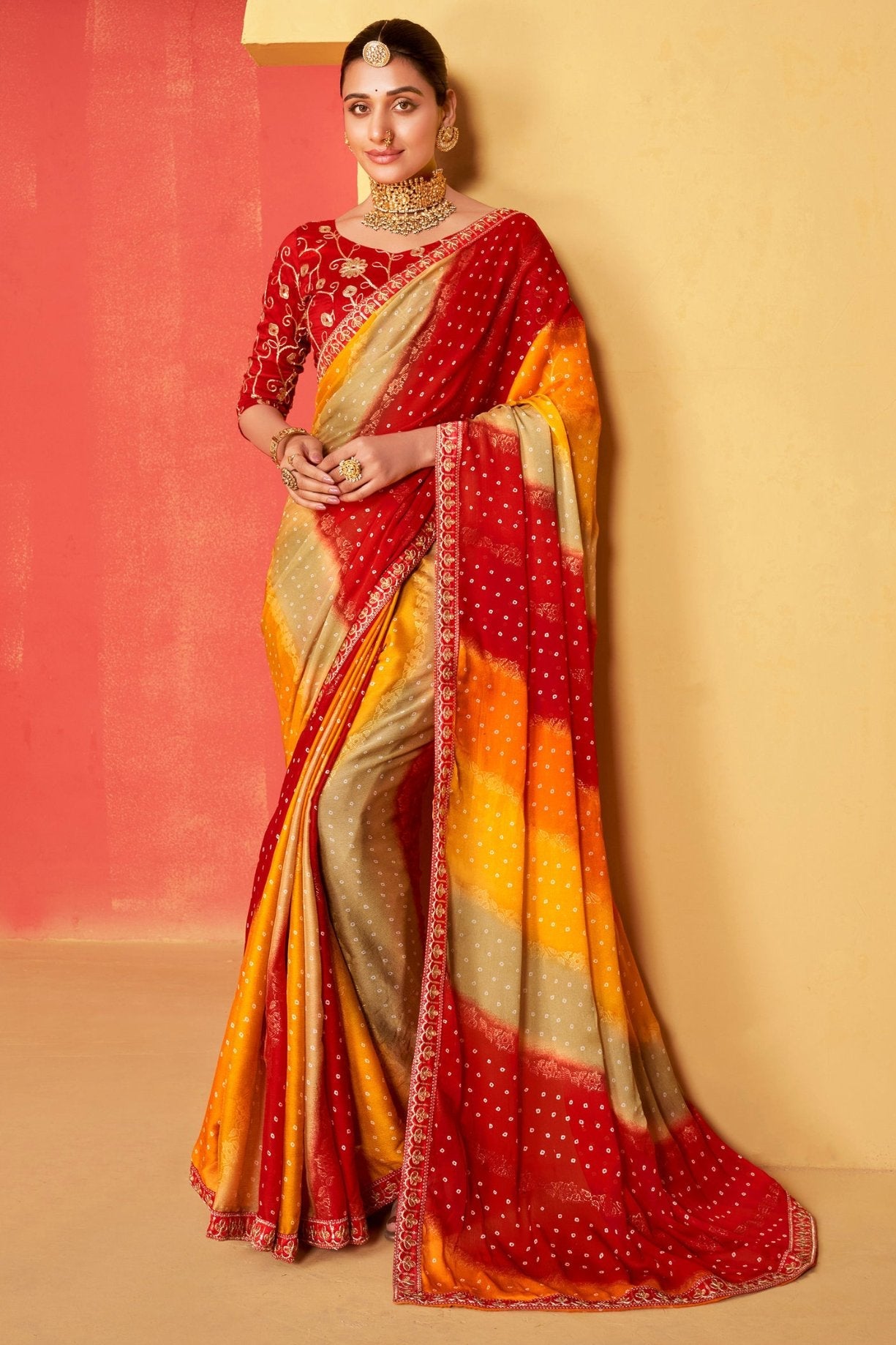 Sangria Red and Yellow Chiffon Bandhani Embroidery Saree