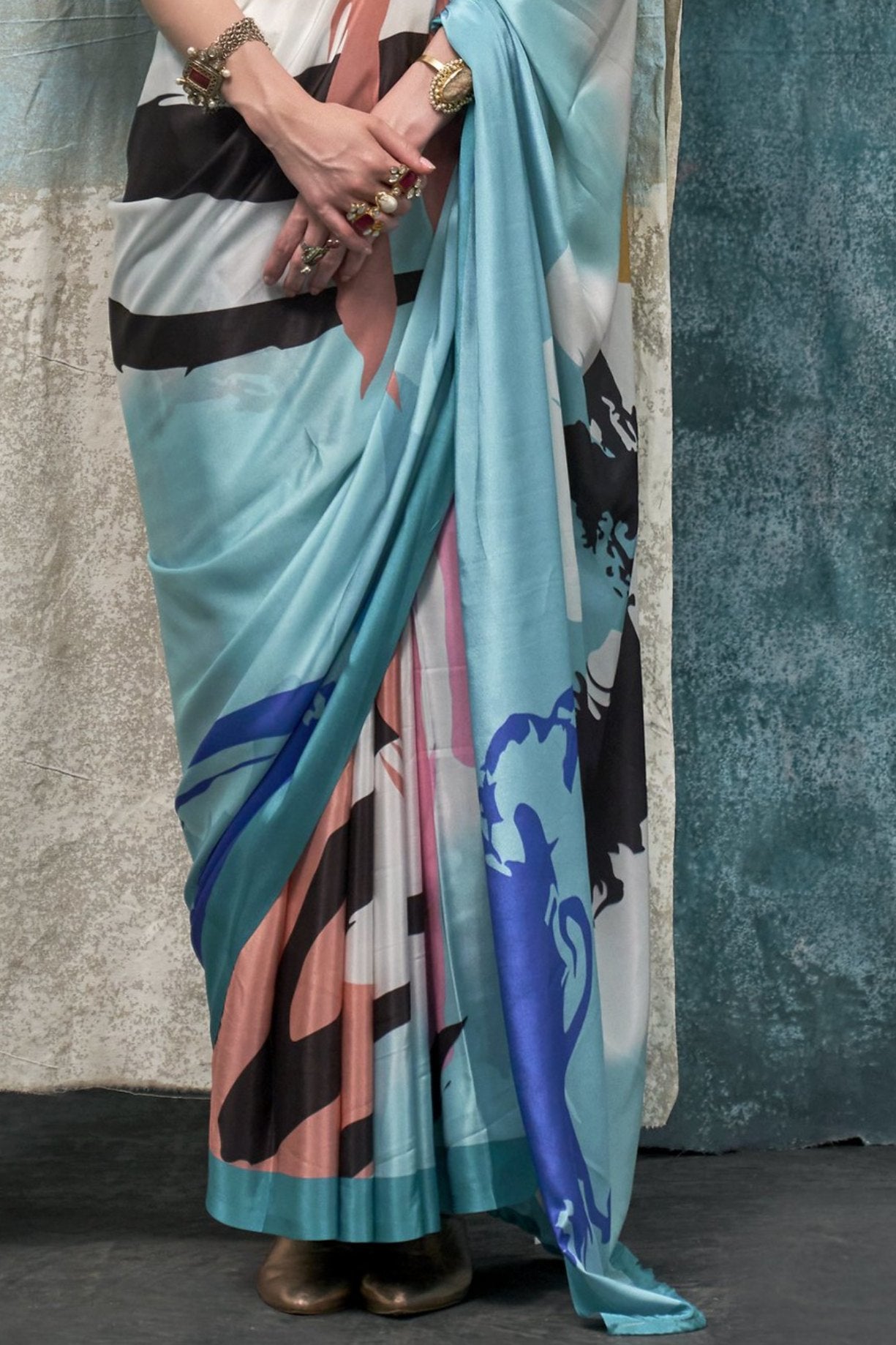 Aqua Island Blue Multicolor Printed Satin Crepe Sarees