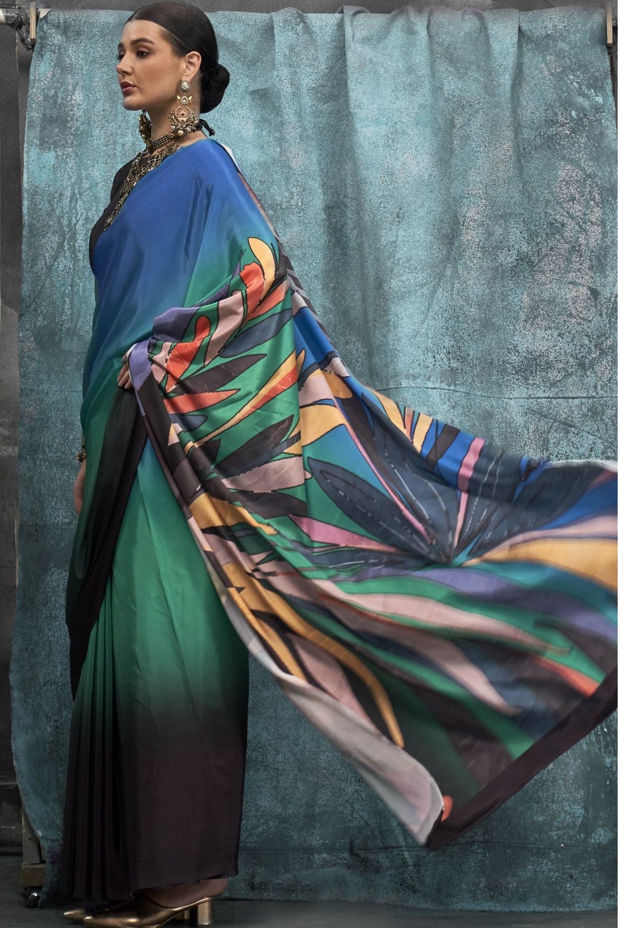 Multicolor Blue Printed Satin Crepe Sarees