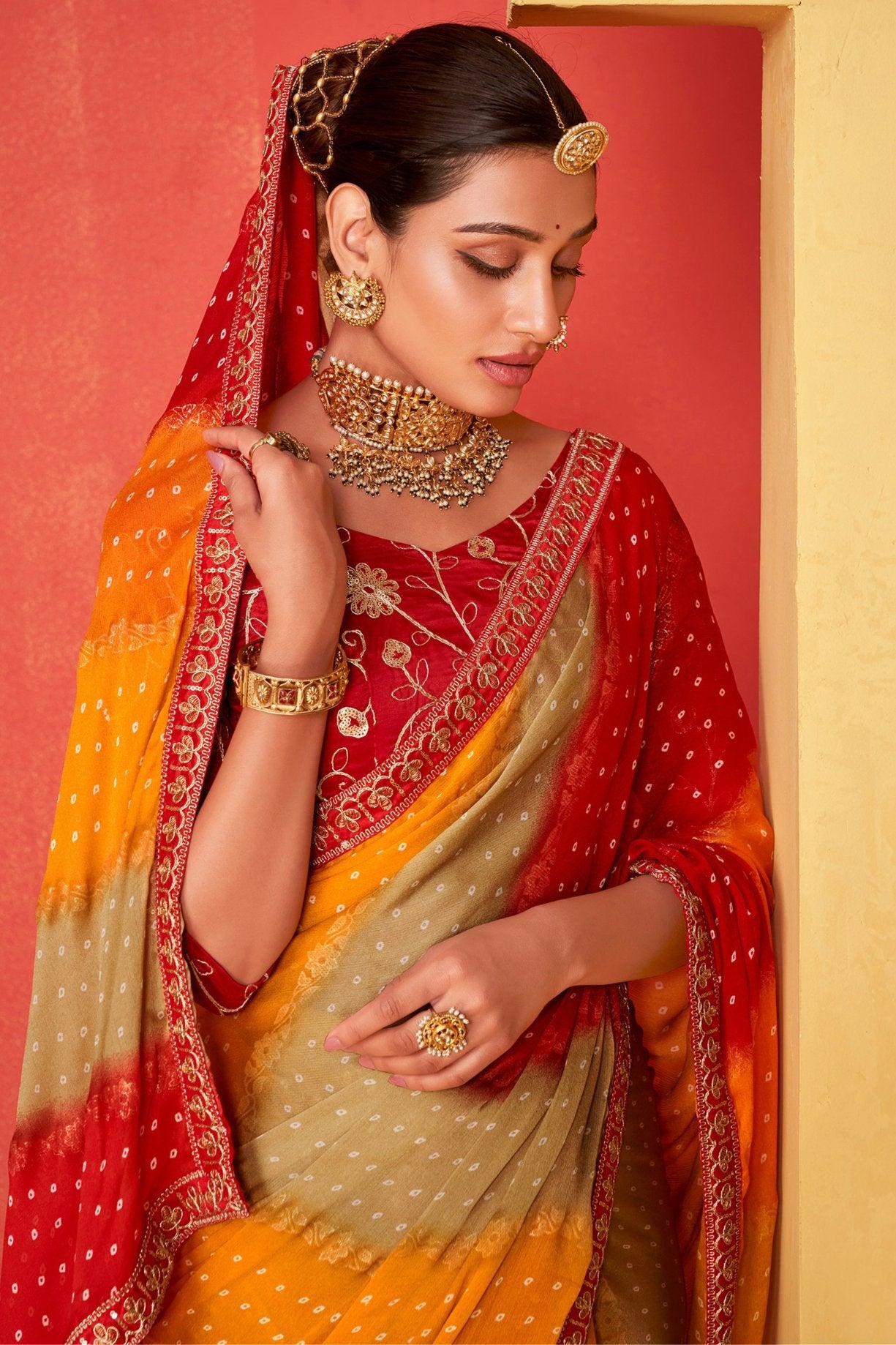 Sangria Red and Yellow Chiffon Bandhani Embroidery Saree