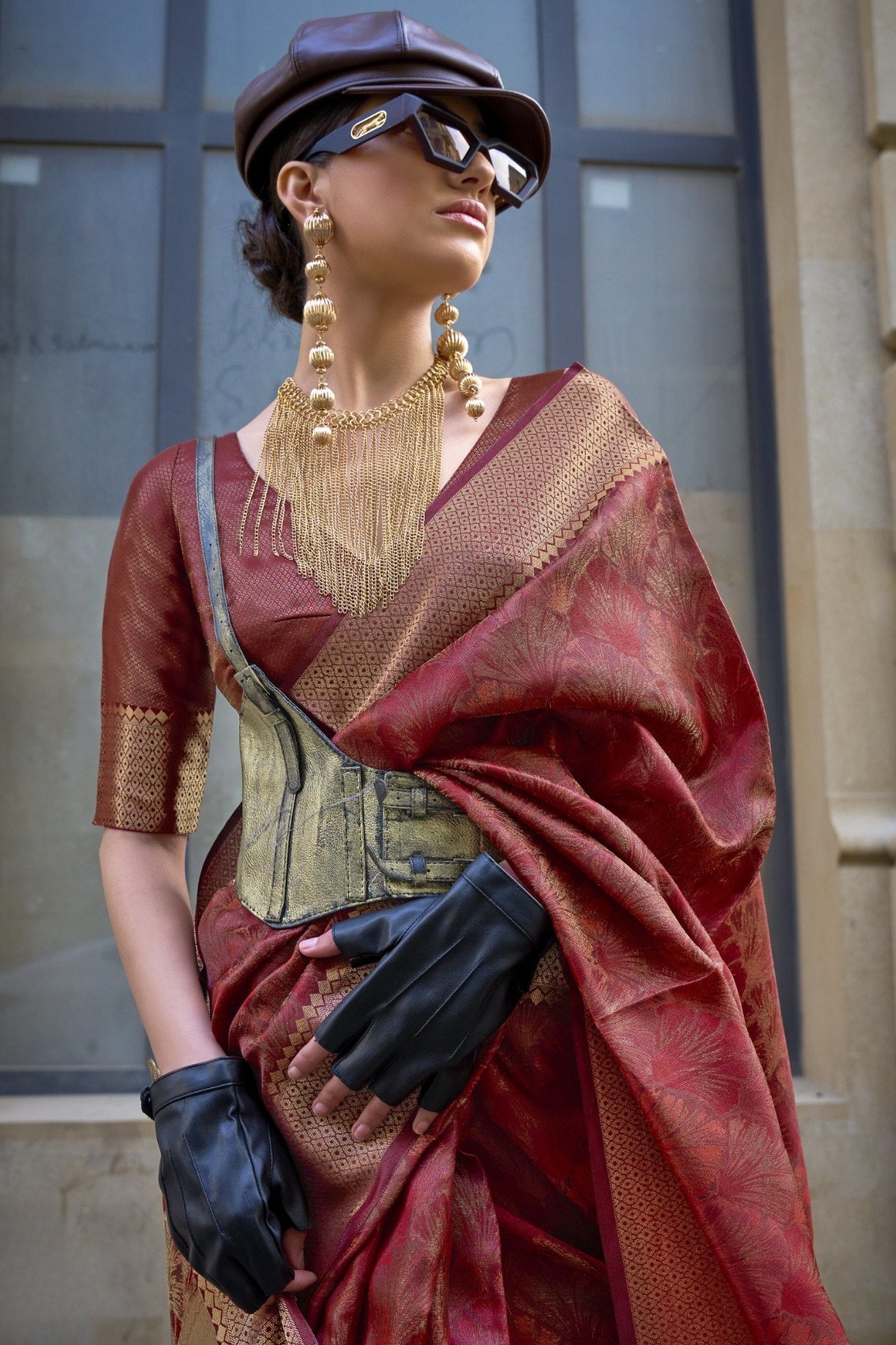 Copper Rust Brown Handloom Organza Saree