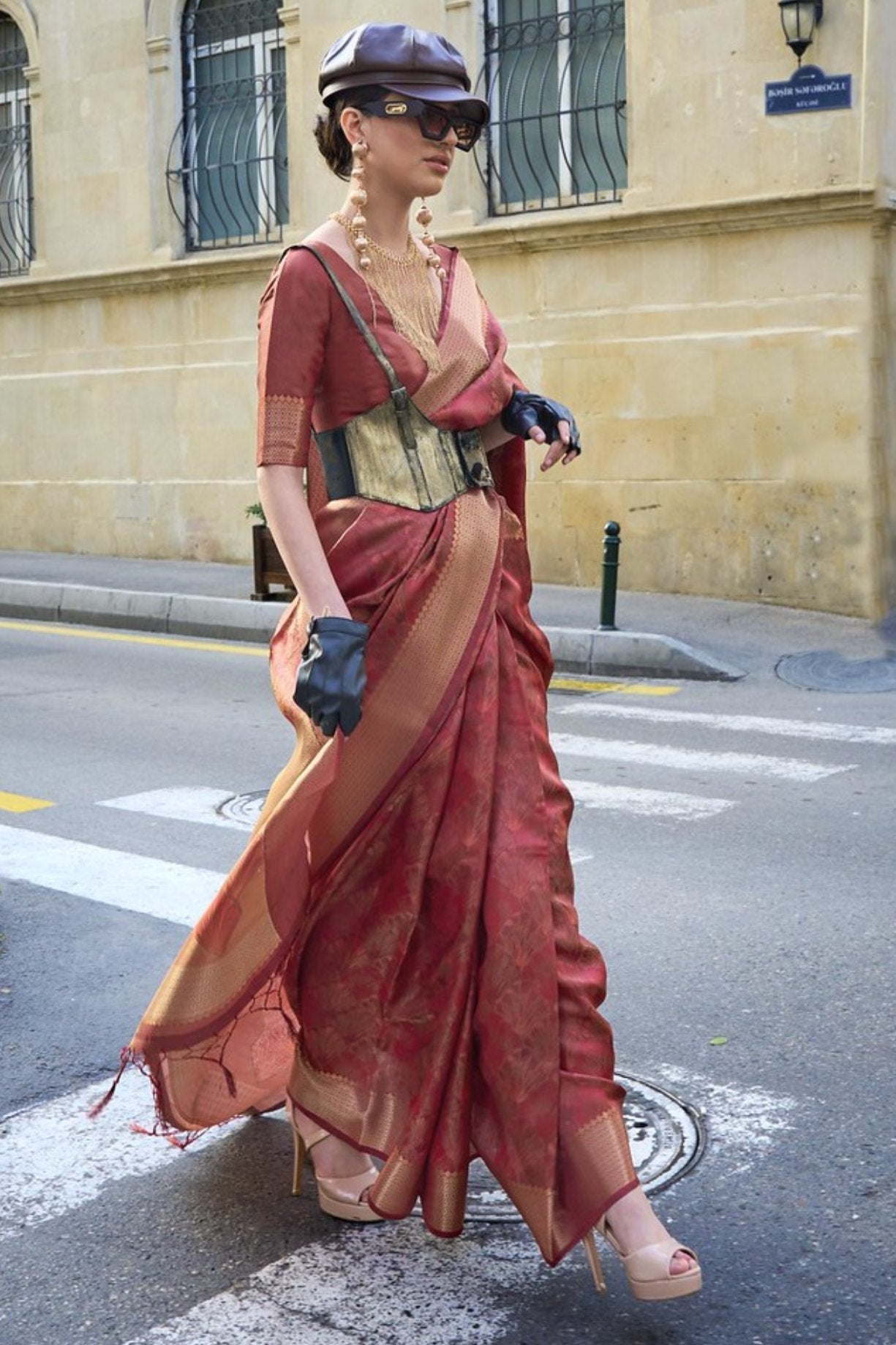 Copper Rust Brown Handloom Organza Saree