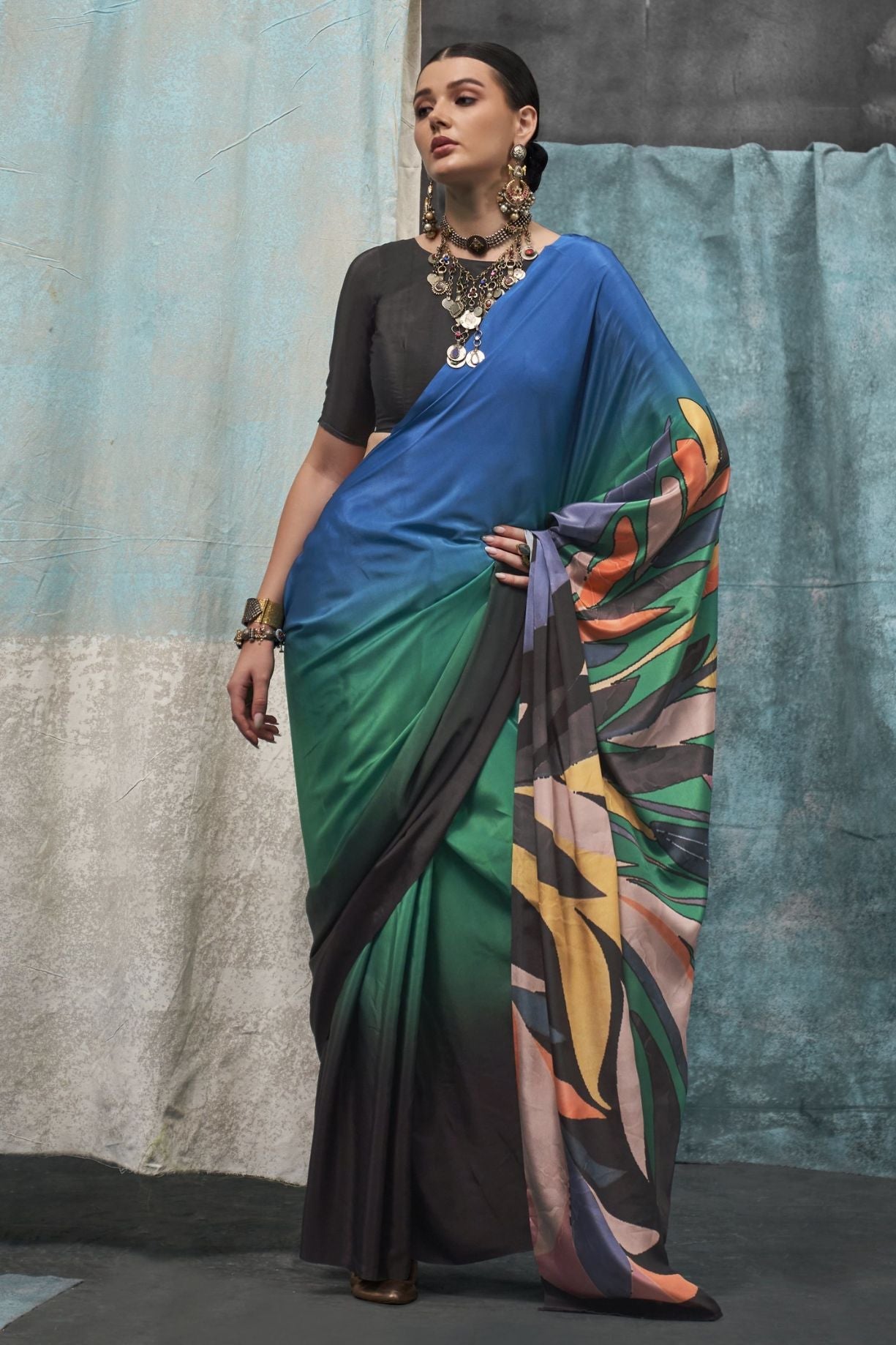 Multicolor Blue Printed Satin Crepe Sarees