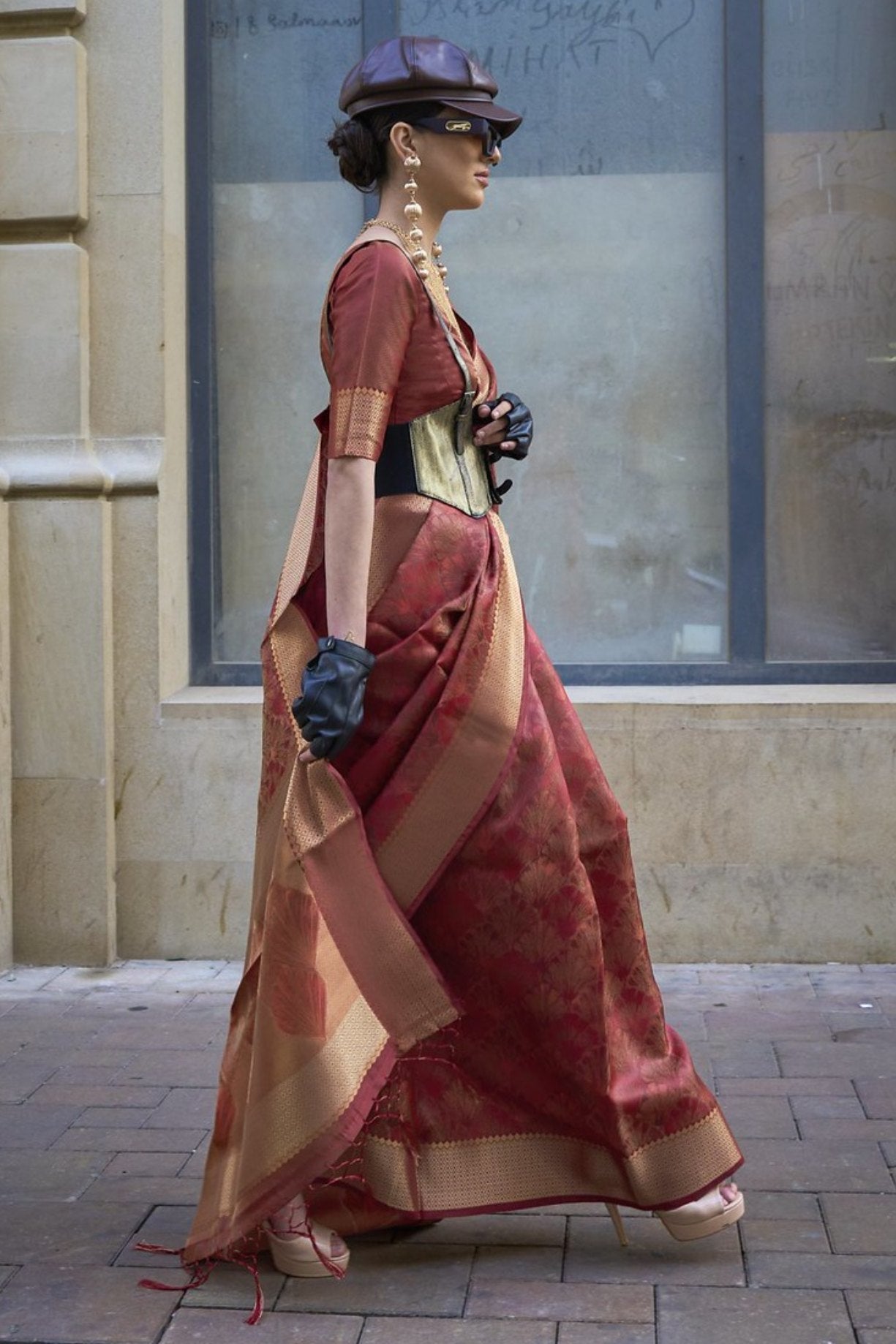 Copper Rust Brown Handloom Organza Saree