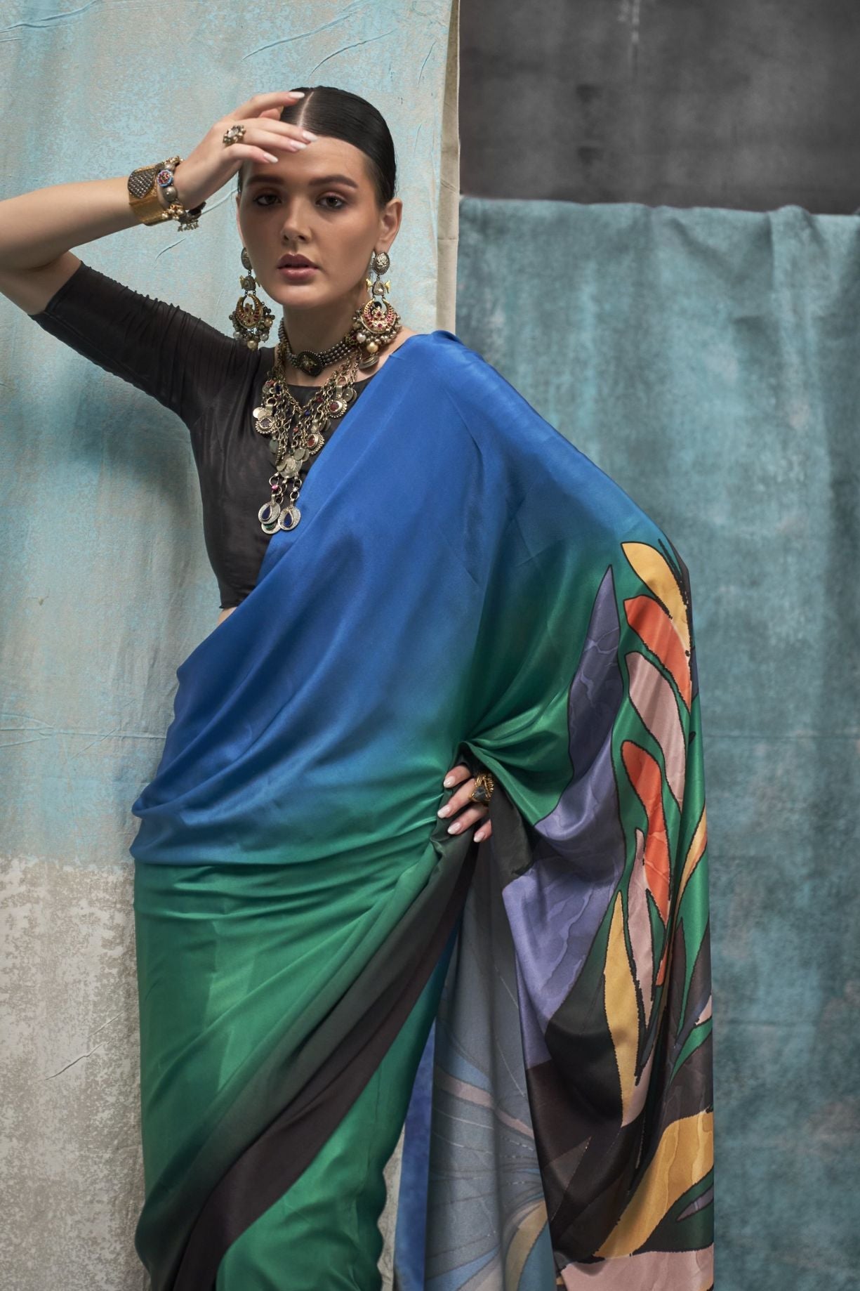 Multicolor Blue Printed Satin Crepe Sarees