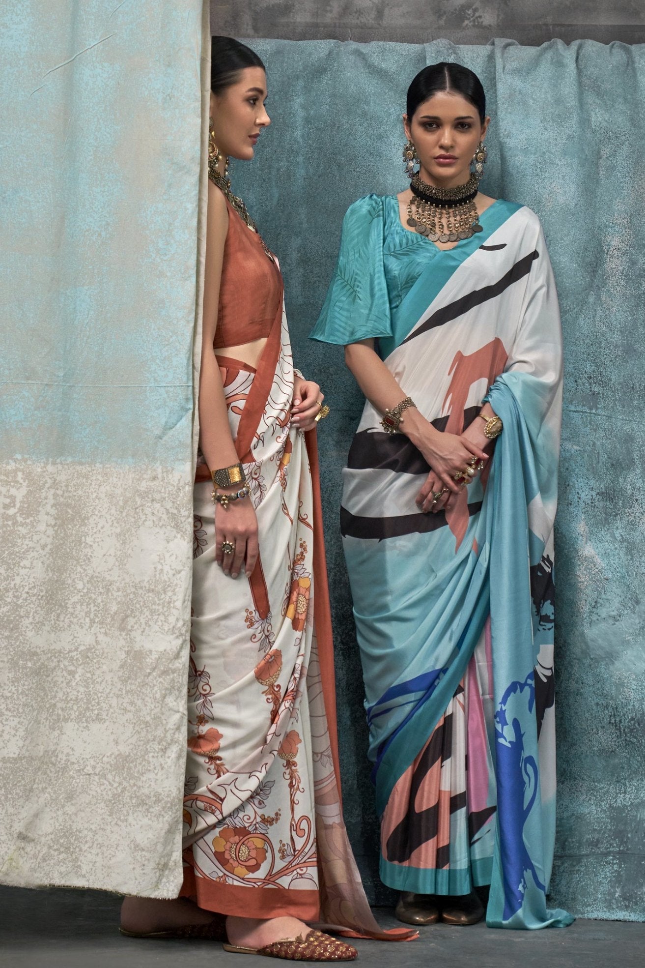 Seashell White and Brown Printed Satin Crepe Sarees