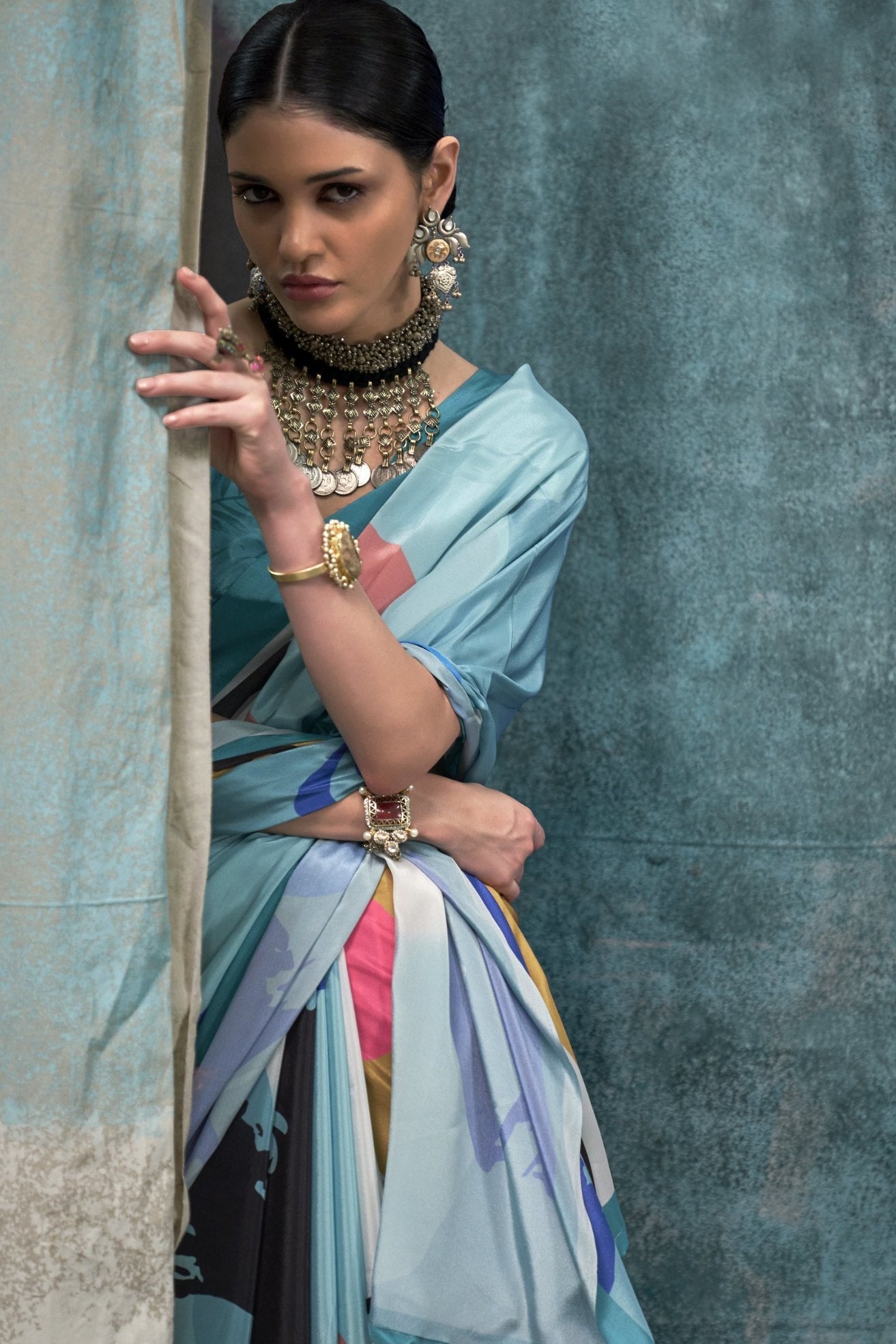 Aqua Island Blue Multicolor Printed Satin Crepe Sarees