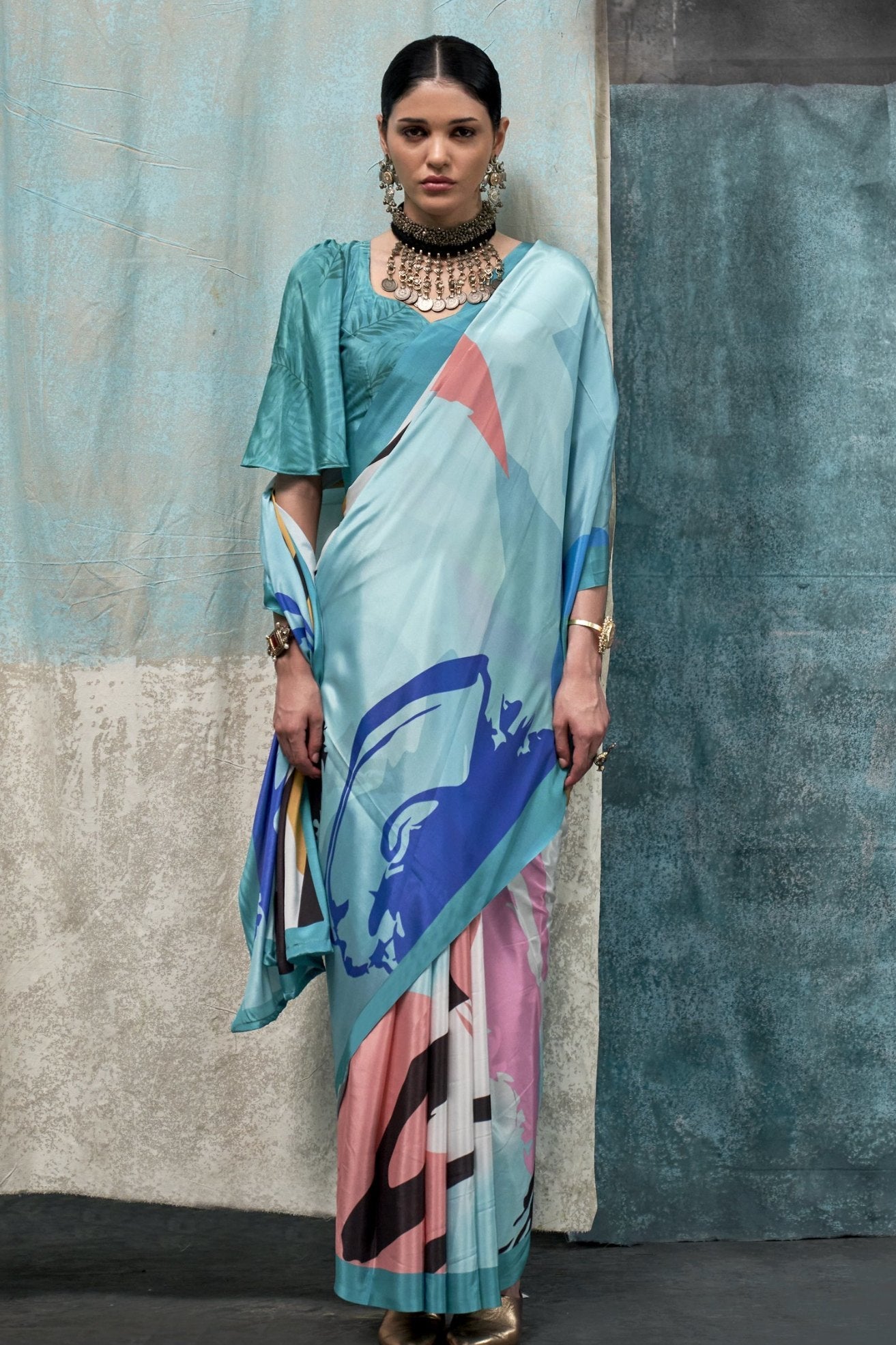 Aqua Island Blue Multicolor Printed Satin Crepe Sarees