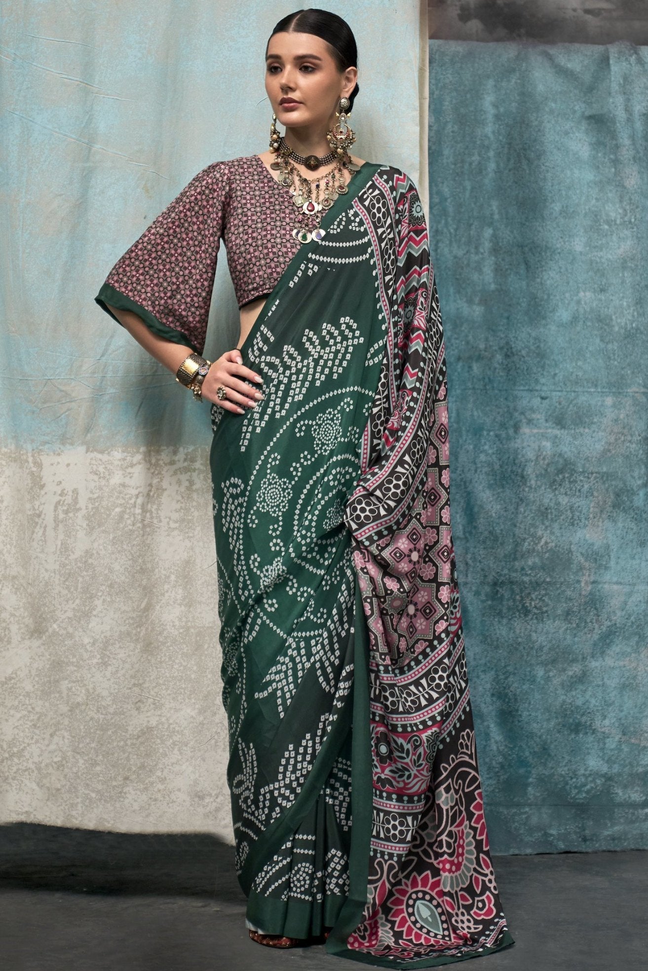 Timber Green Printed Satin Crepe Sarees