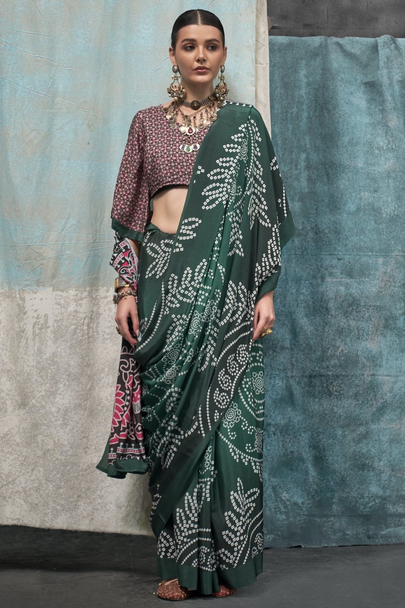 Timber Green Printed Satin Crepe Sarees