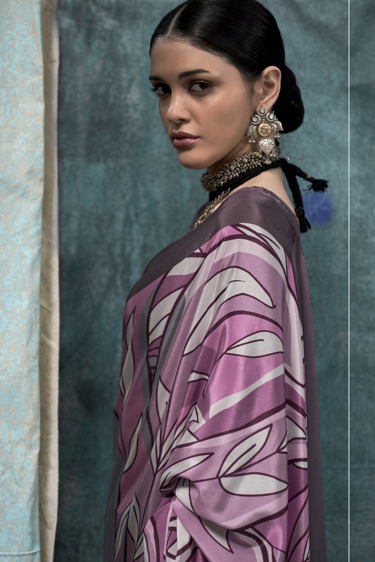 Jumbo Grey and Purple Printed Satin Crepe Sarees