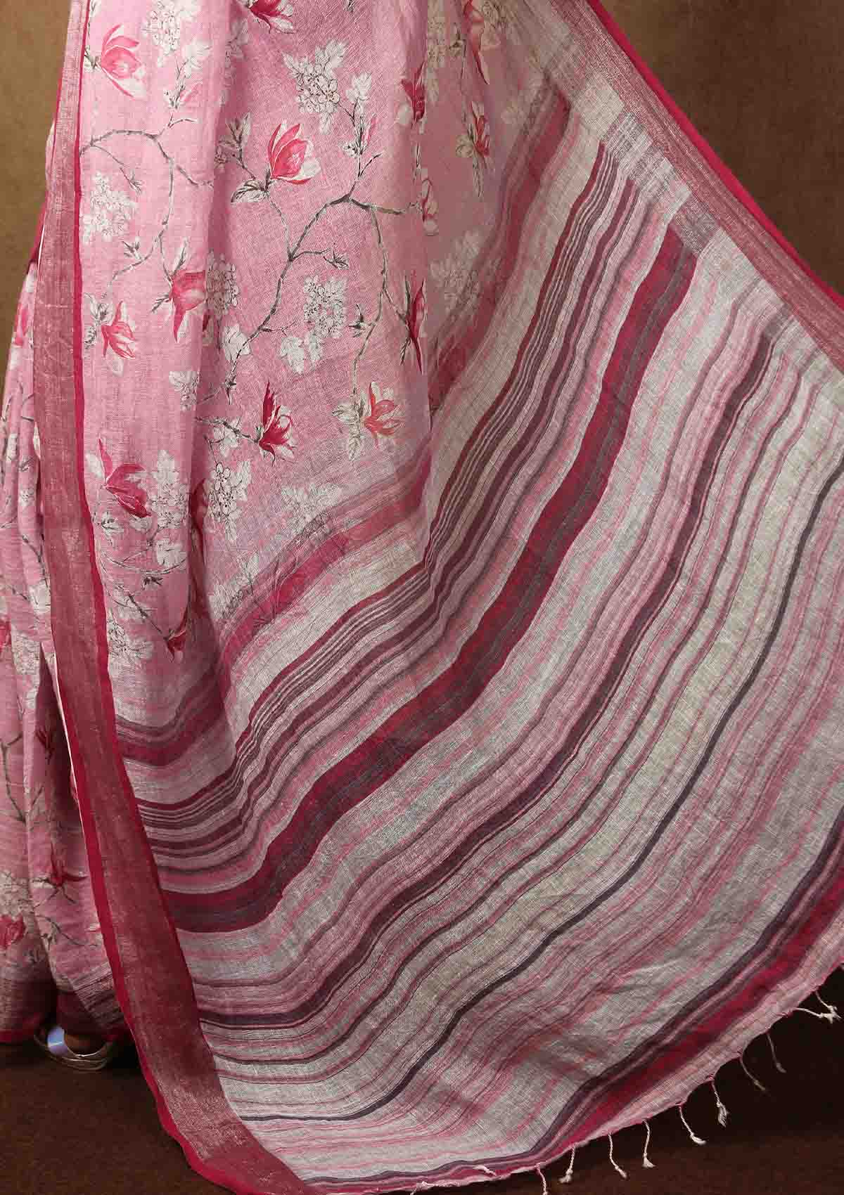 Light Pink Color Linen Saree With Silver Jari Pattu