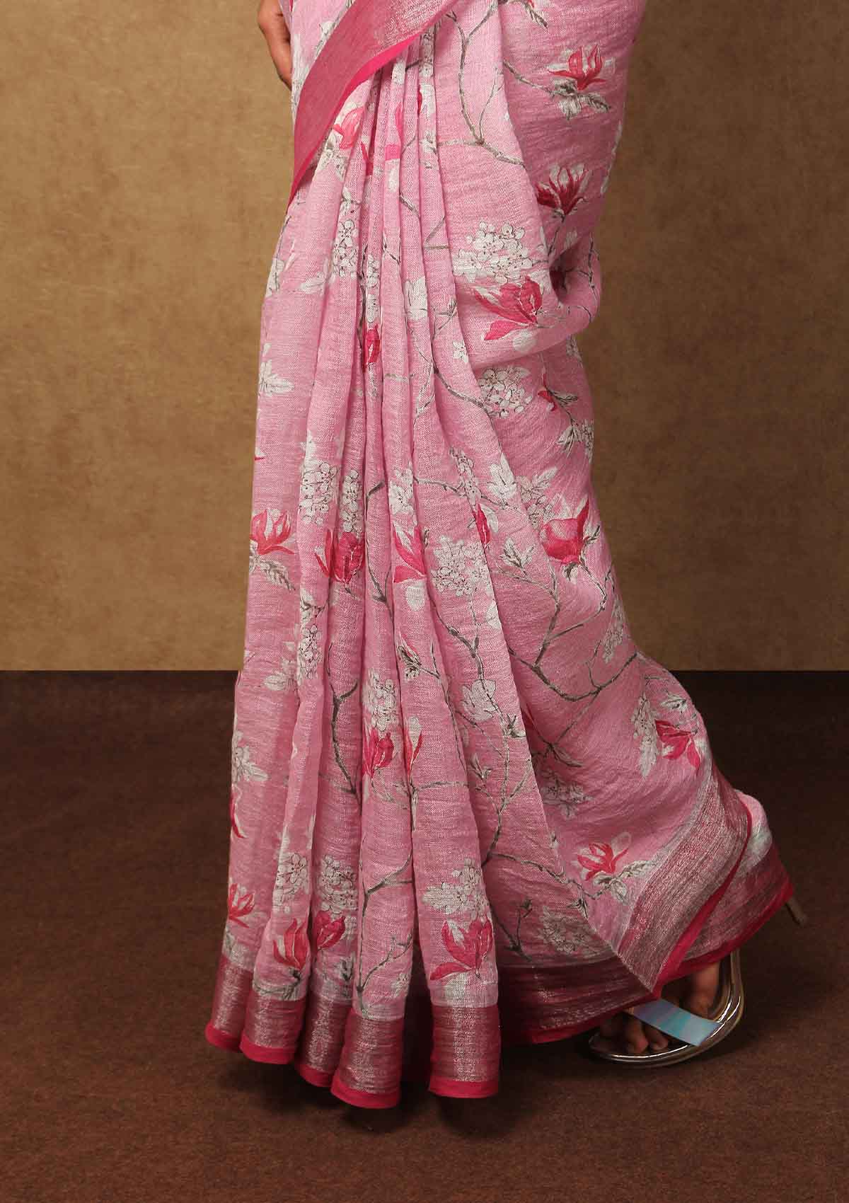 Light Pink Color Linen Saree With Silver Jari Pattu