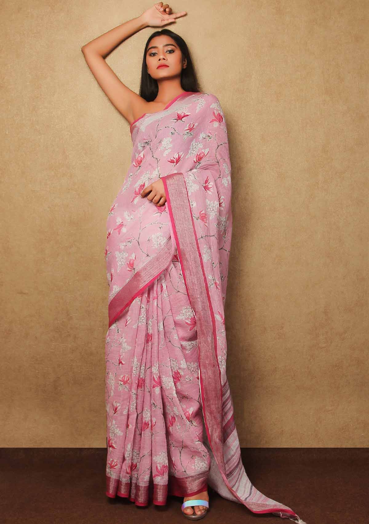 Light Pink Color Linen Saree With Silver Jari Pattu