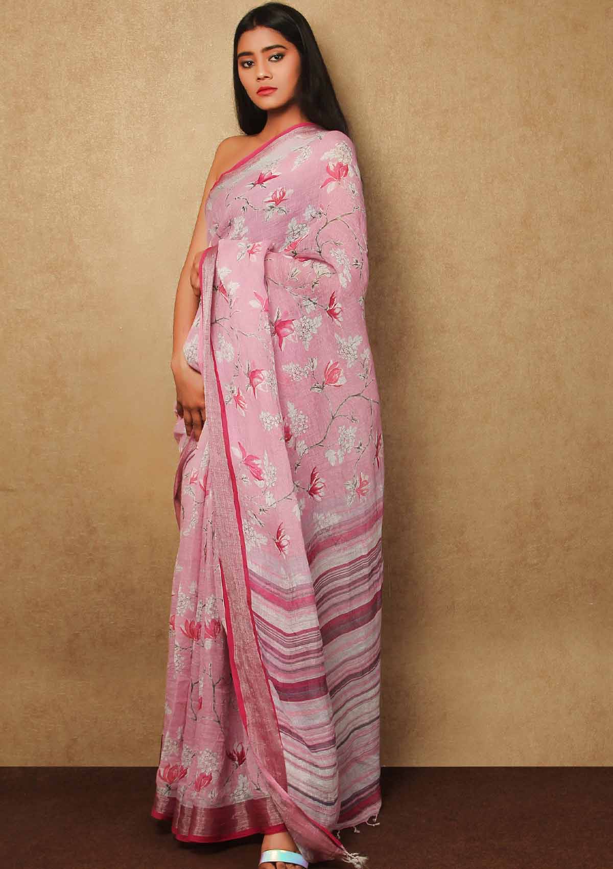 Light Pink Color Linen Saree With Silver Jari Pattu