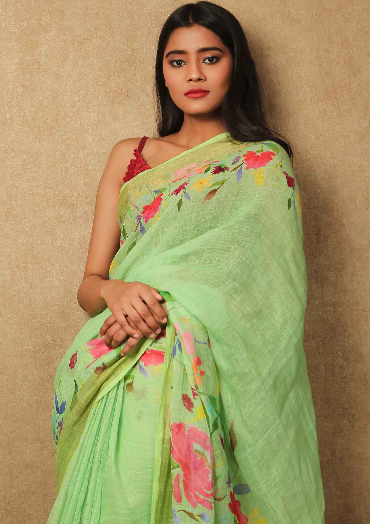 Green Color Linen Saree With Silver Jari Pattu