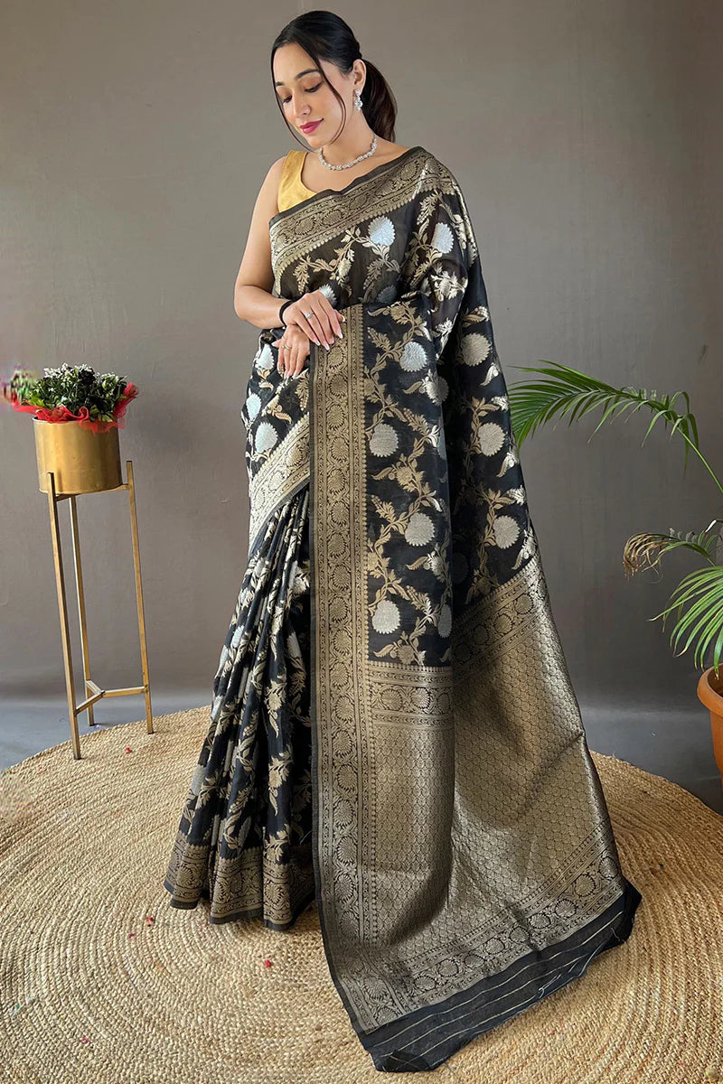 Black Color Zari Woven Linen Traditional Saree