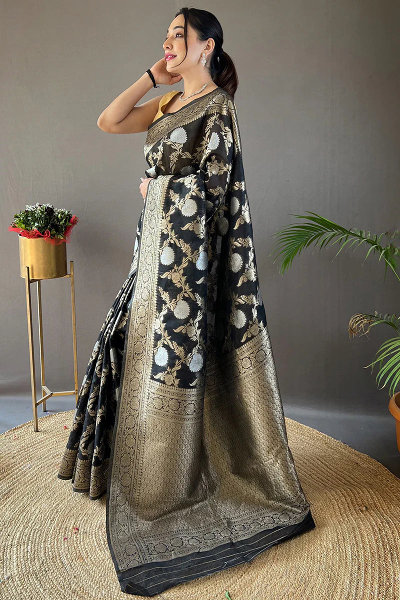 Black Color Zari Woven Linen Traditional Saree