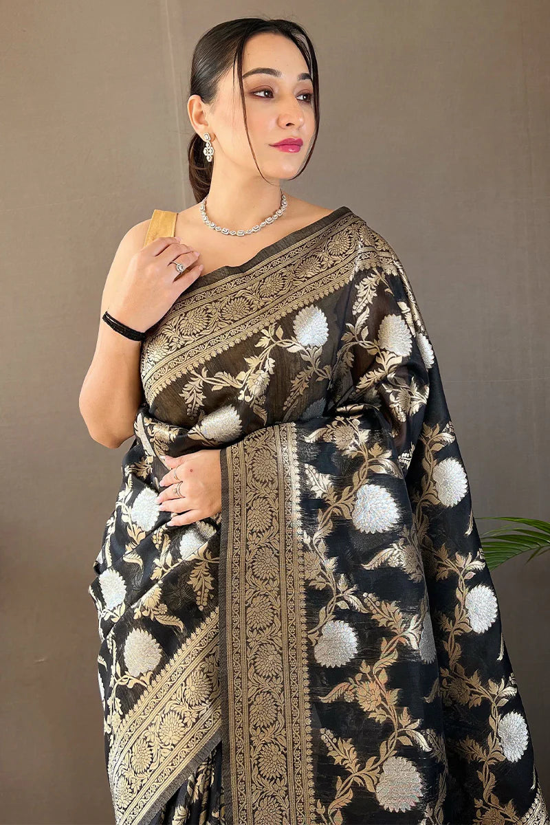 Black Color Zari Woven Linen Traditional Saree