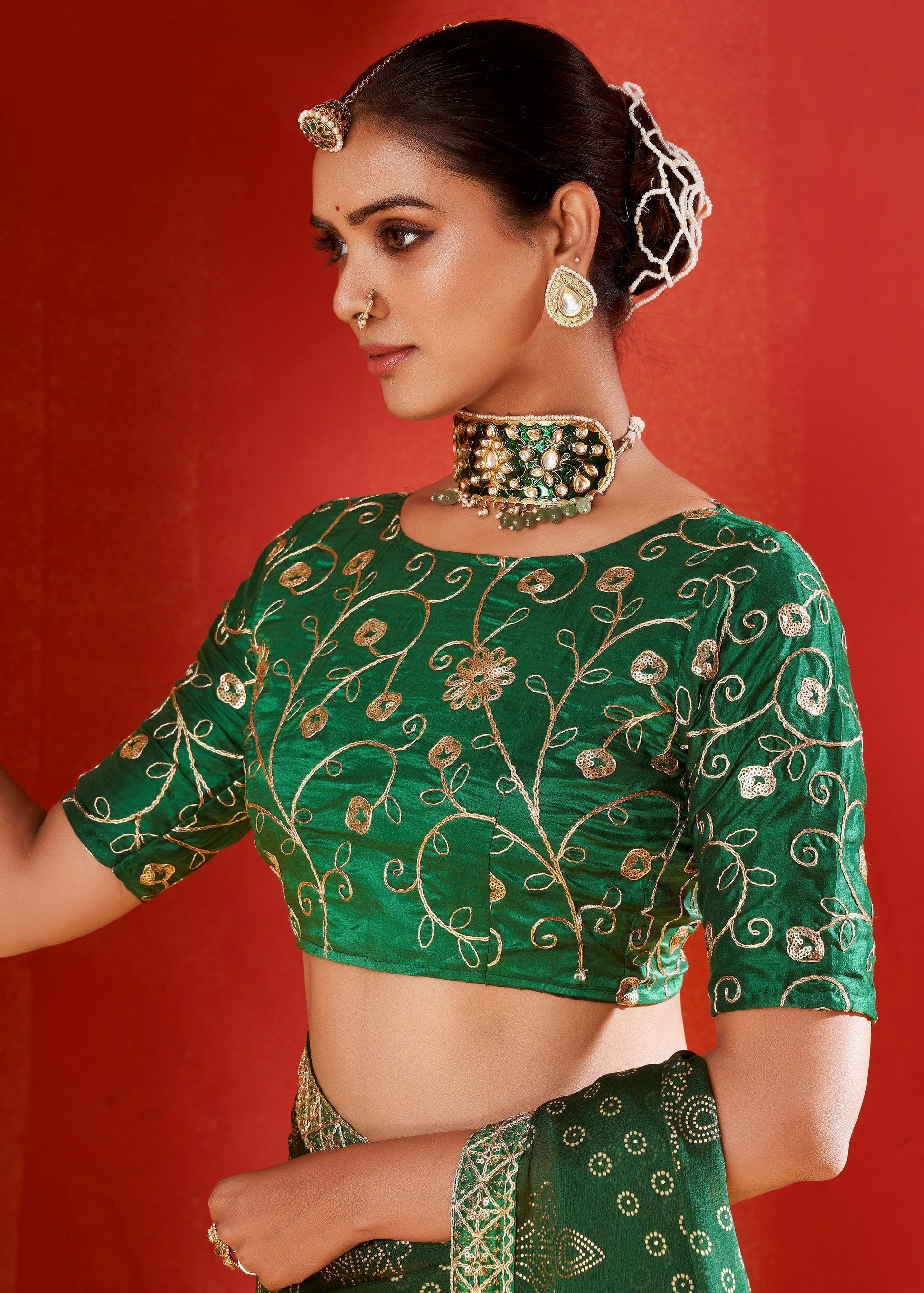 Dark Tree Green Chiffon Bandhani Embroidery Saree