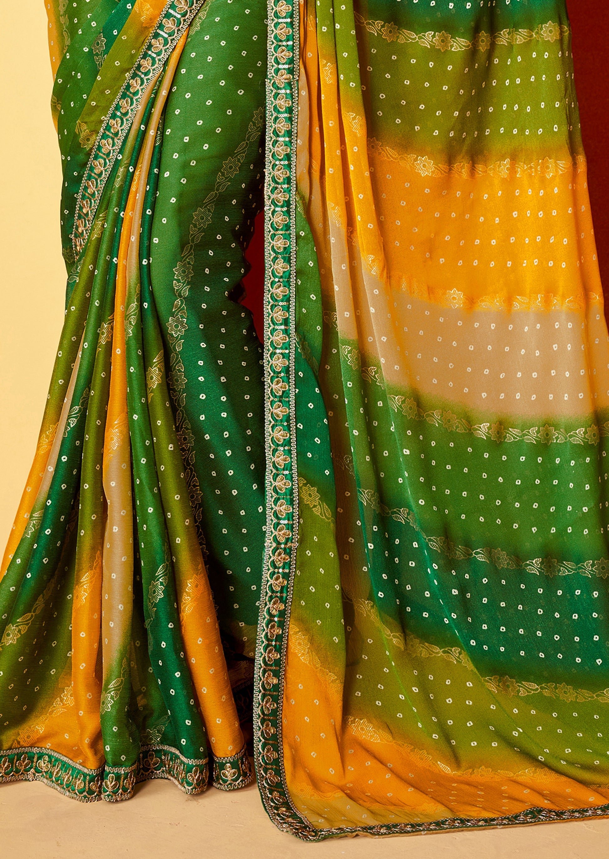 Emerald Green and Yellow Chiffon Bandhani Embroidery Saree