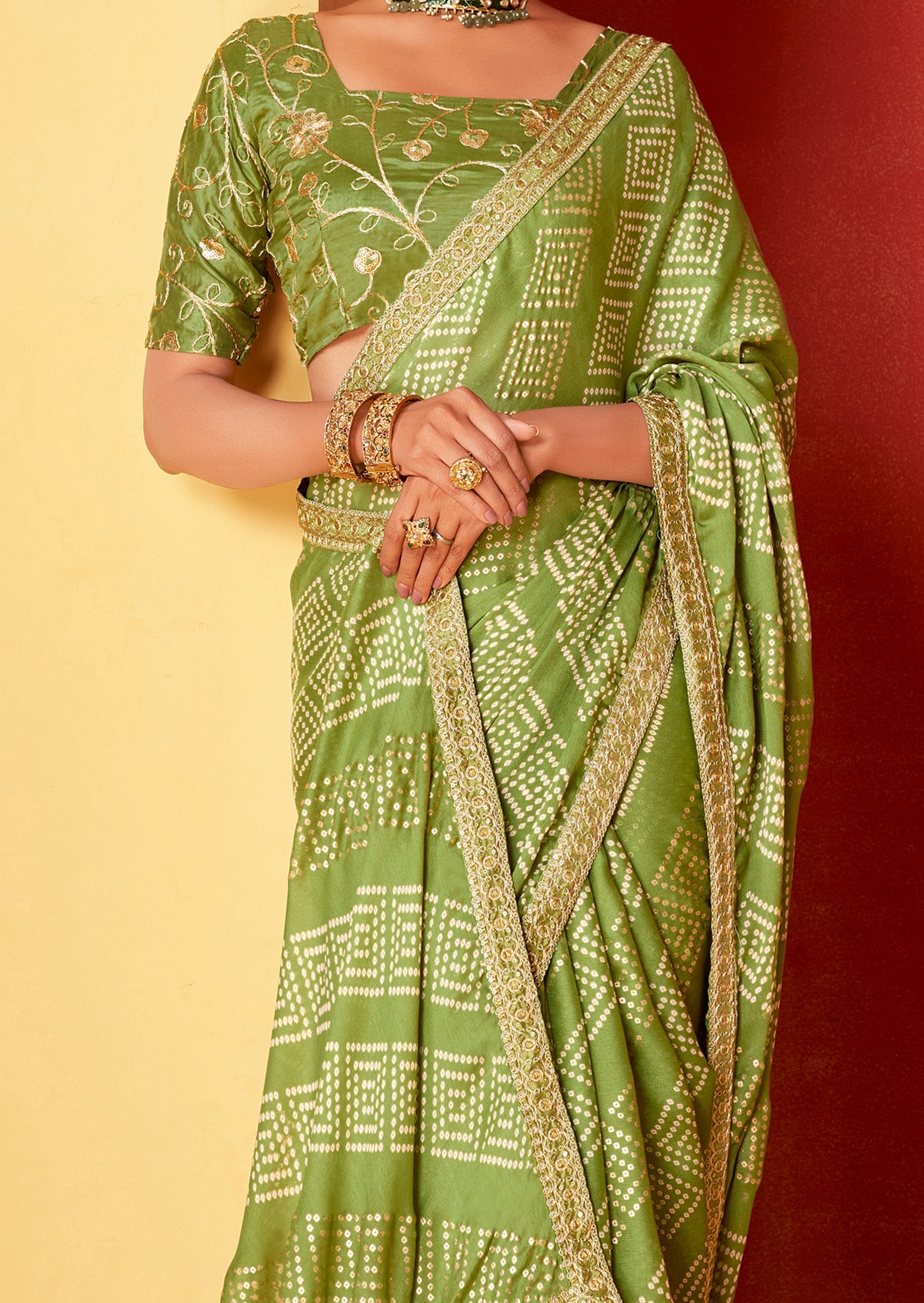 Christi Green Chiffon Bandhani Embroidery Saree