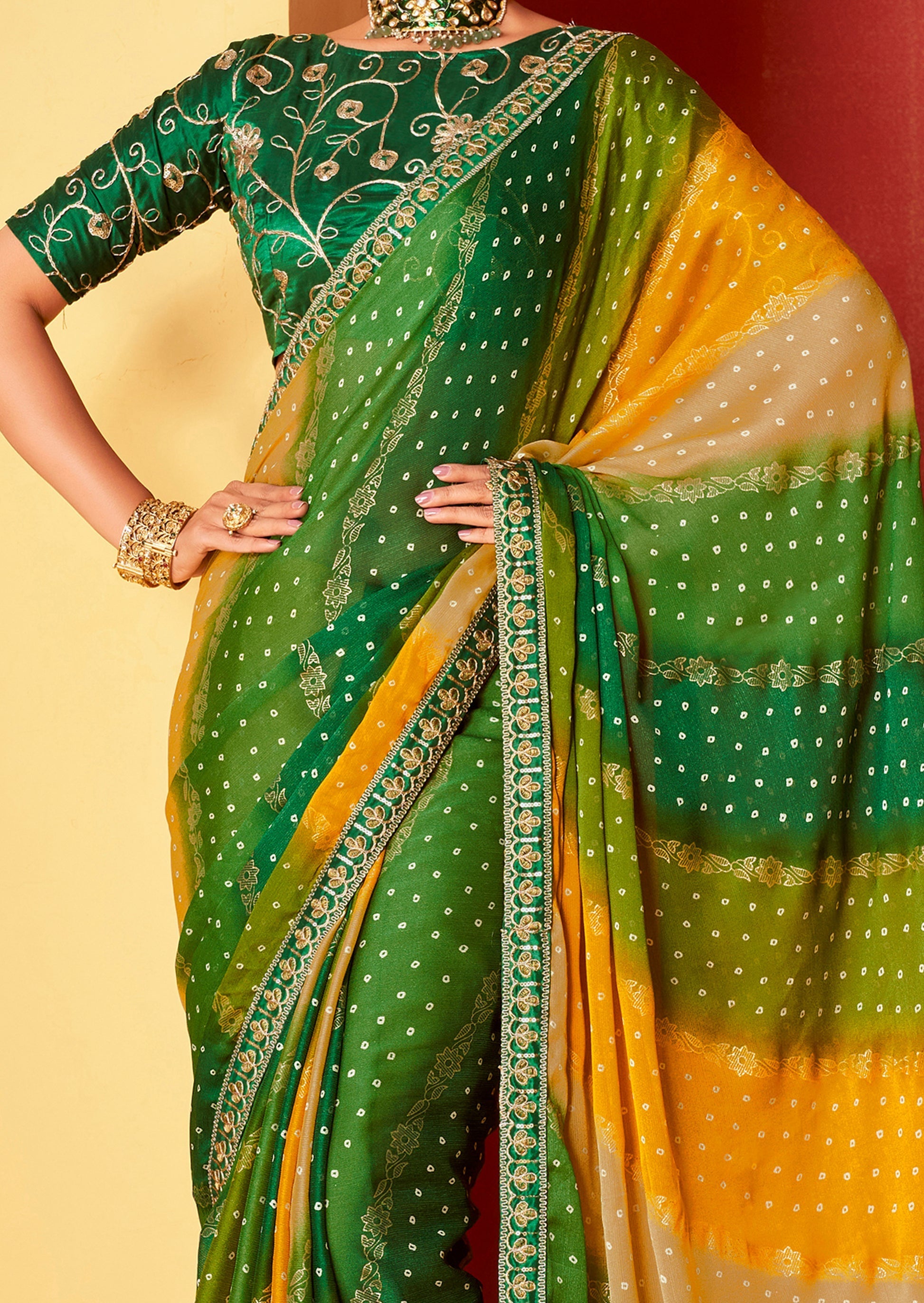 Emerald Green and Yellow Chiffon Bandhani Embroidery Saree