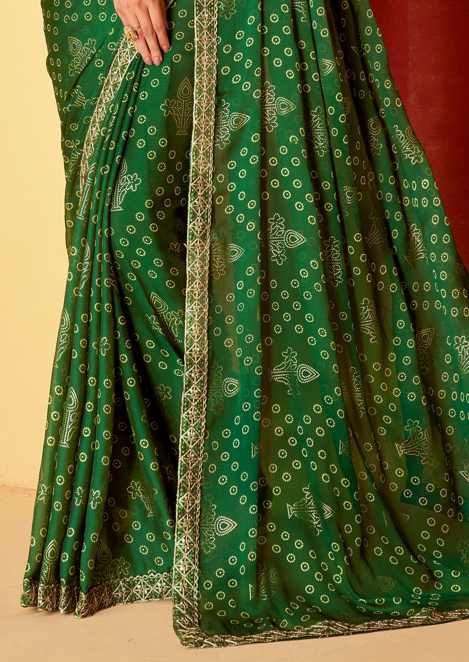 Dark Tree Green Chiffon Bandhani Embroidery Saree