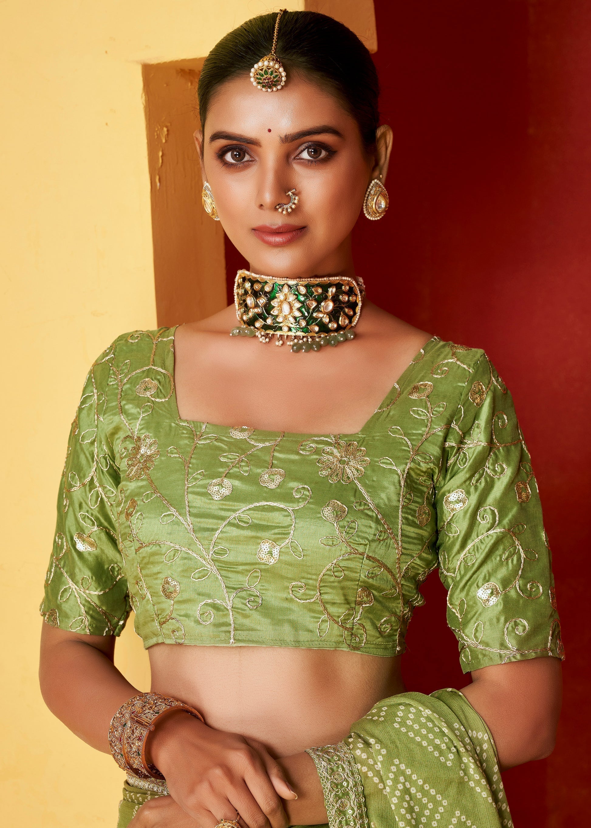 Christi Green Chiffon Bandhani Embroidery Saree