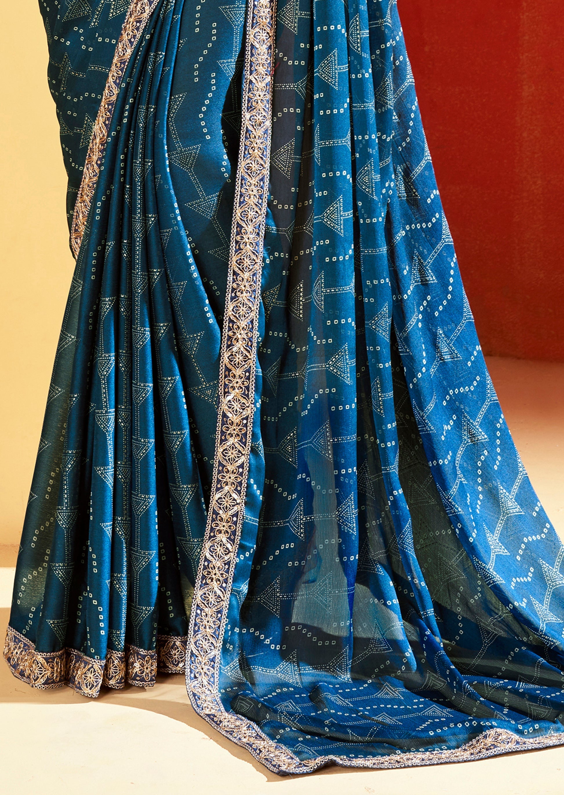 Berry Blue Chiffon Bandhani Embroidery Saree