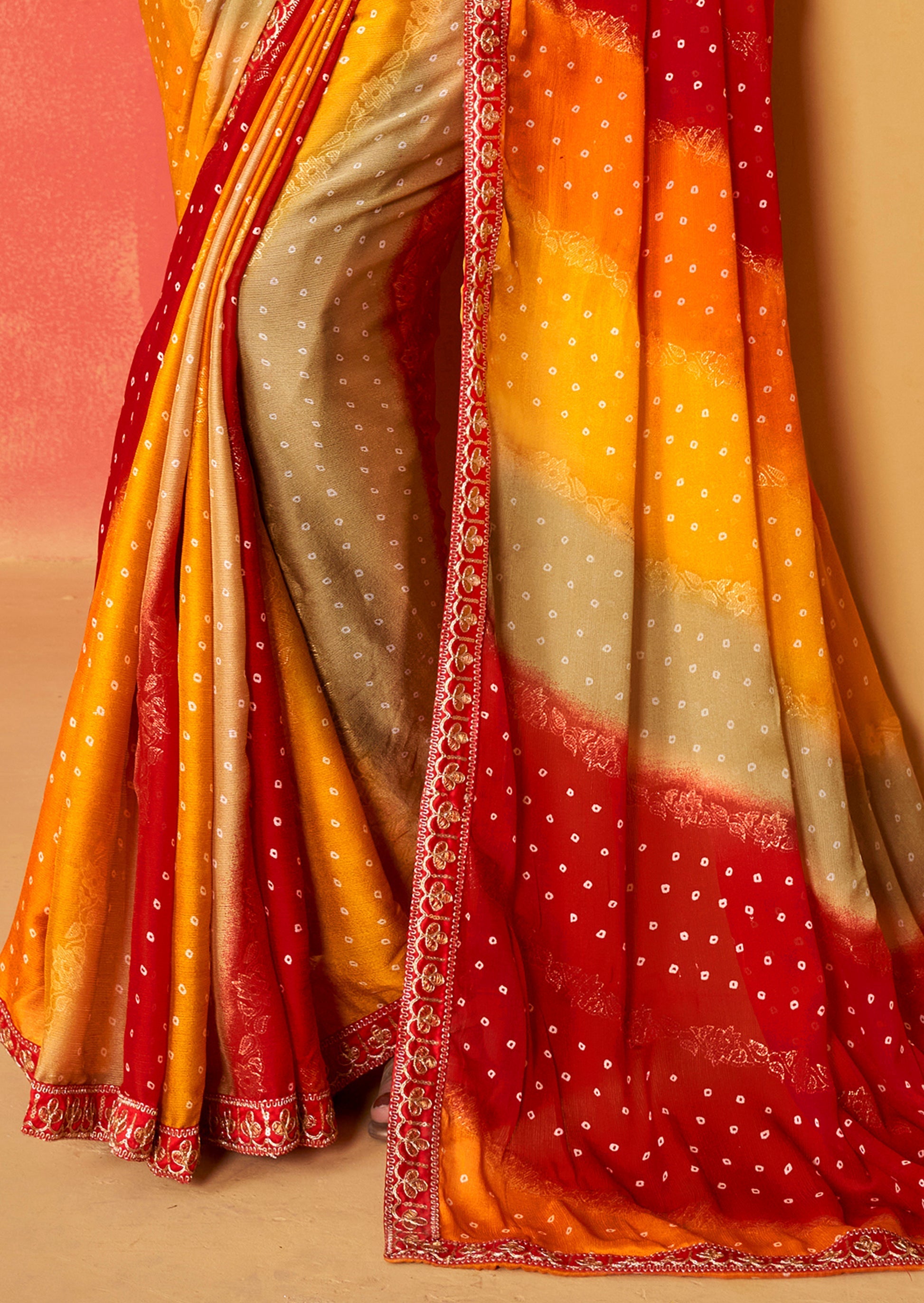 Sangria Red and Yellow Chiffon Bandhani Embroidery Saree